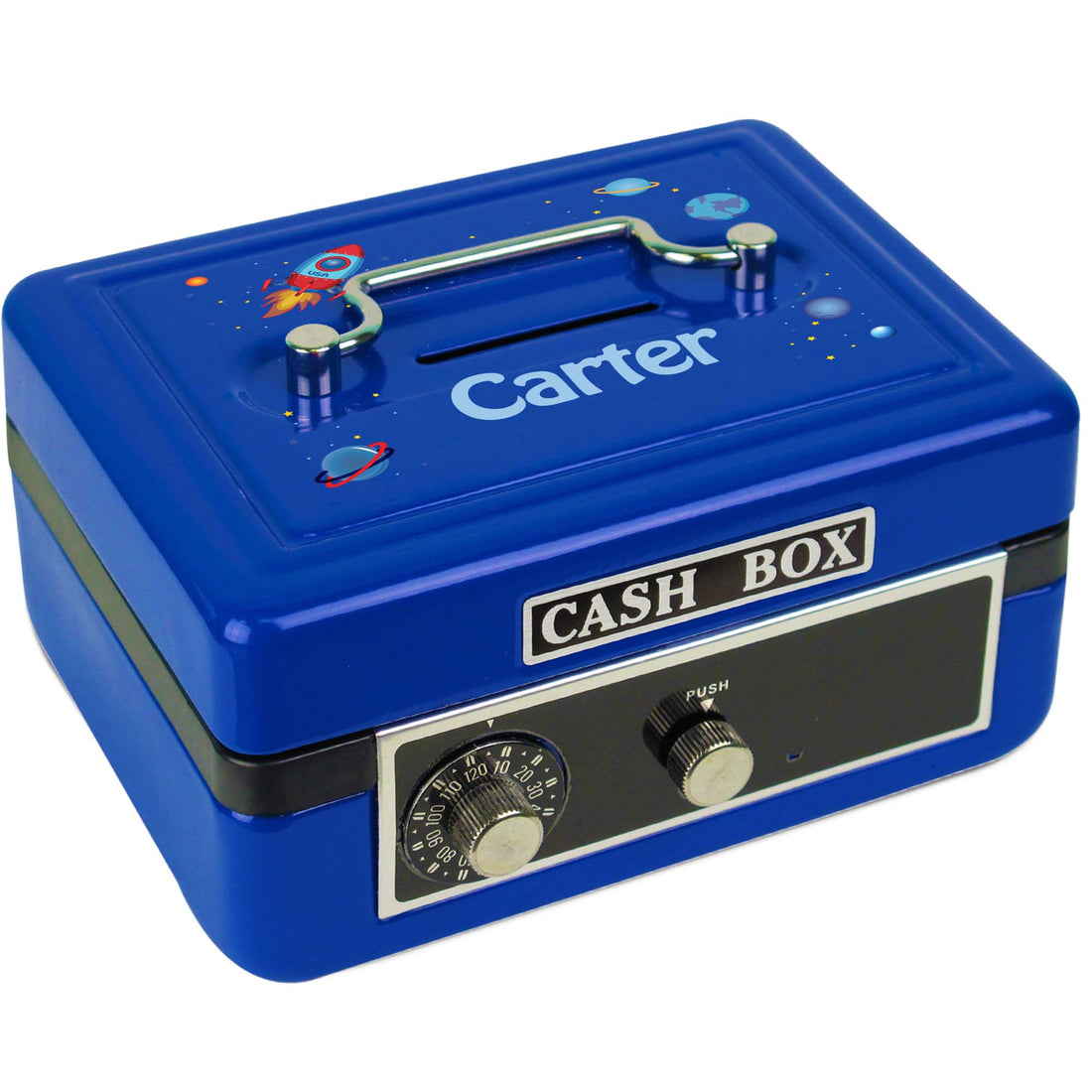 Personalized Blue Cash Box with Rocket design