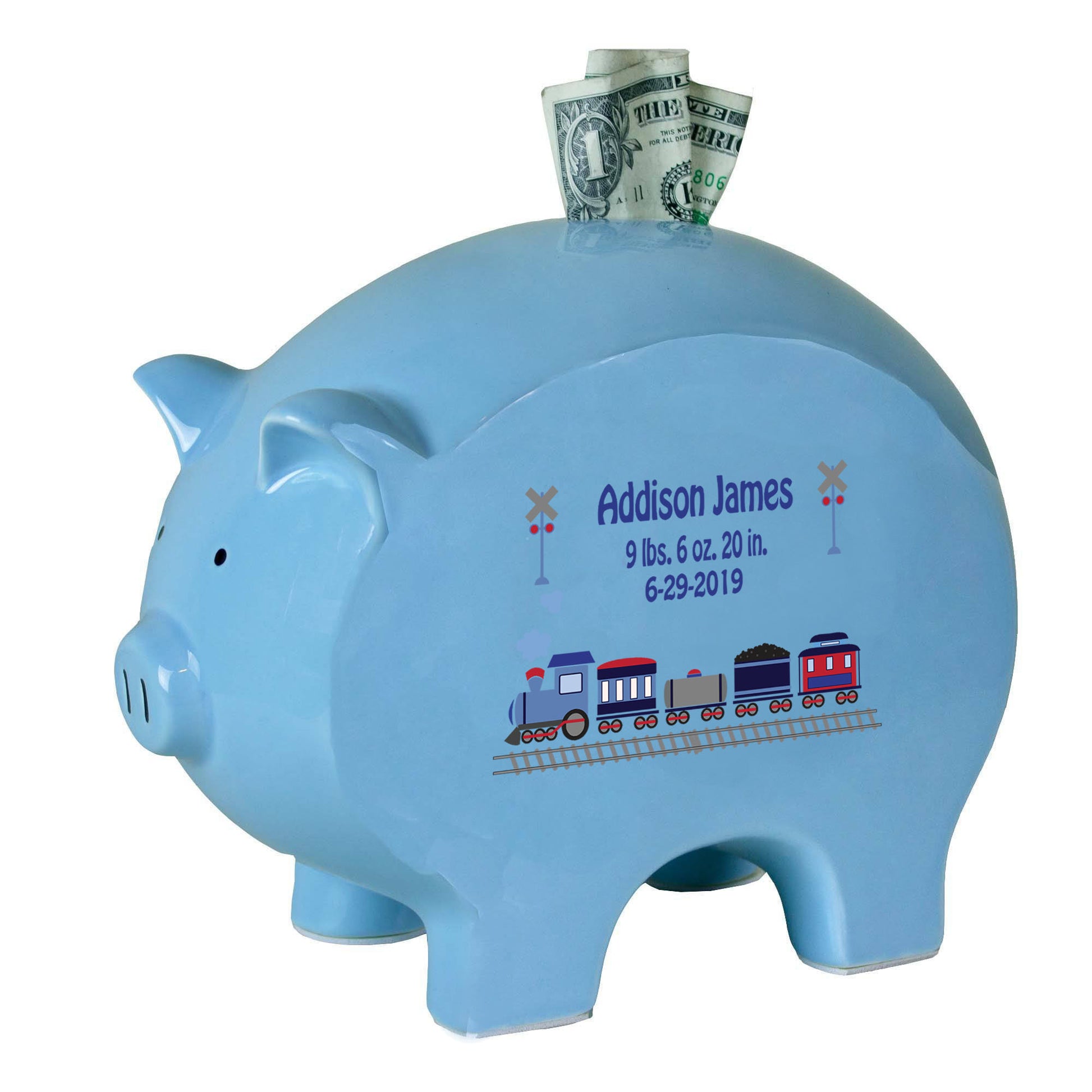 Personalized Blue Piggy Bank - Train - MyBambino.com