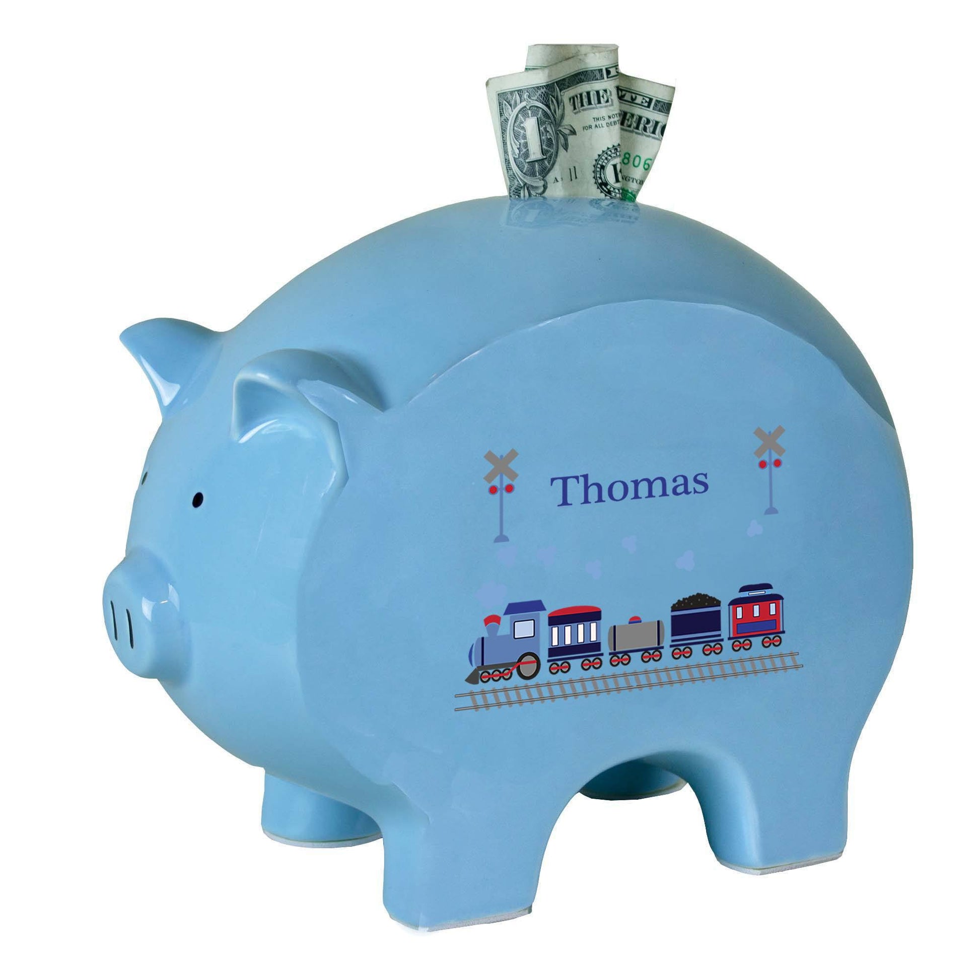 Personalized Blue Piggy Bank - Train - MyBambino.com