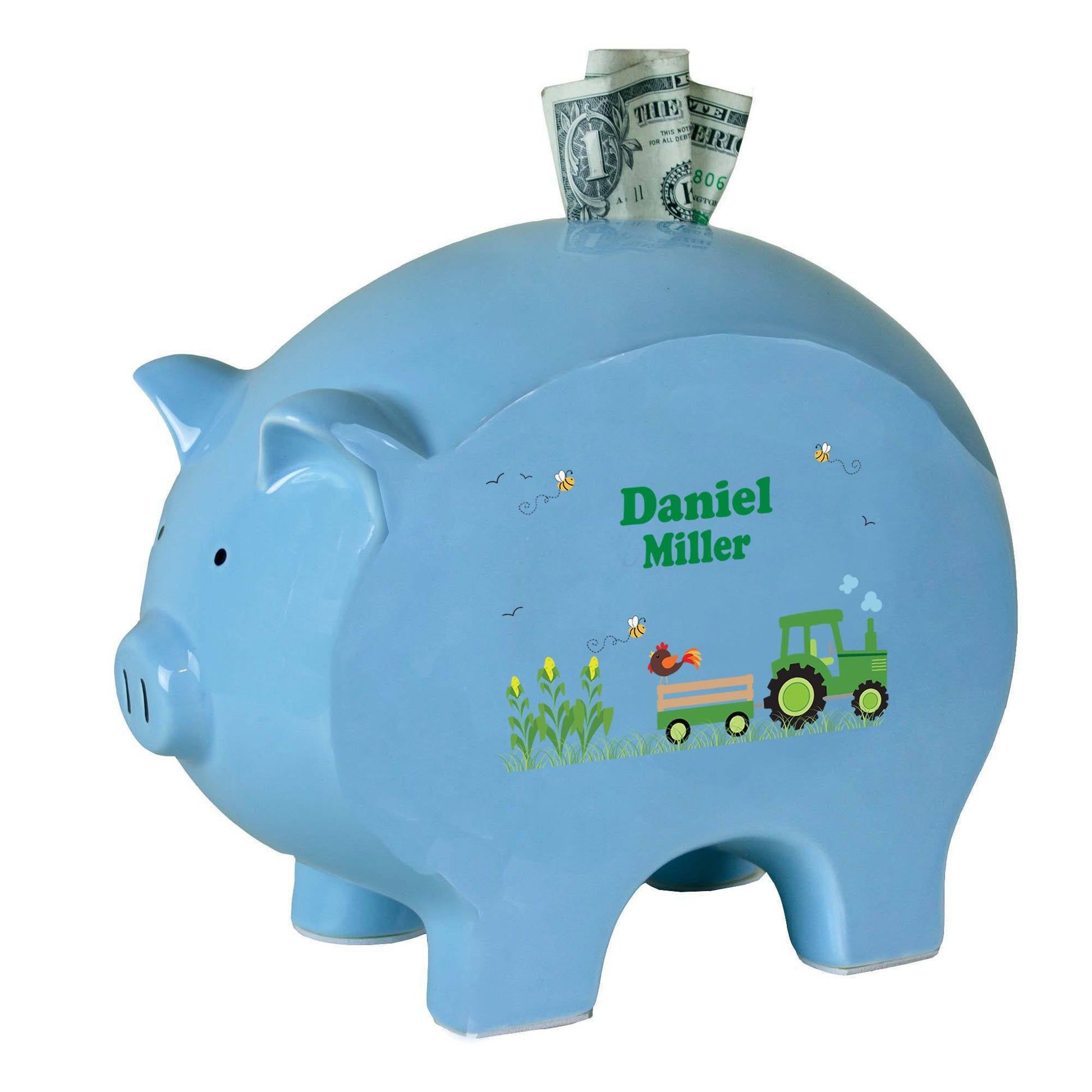 Personalized Blue Piggy Bank - Green Tractor - MyBambino.com