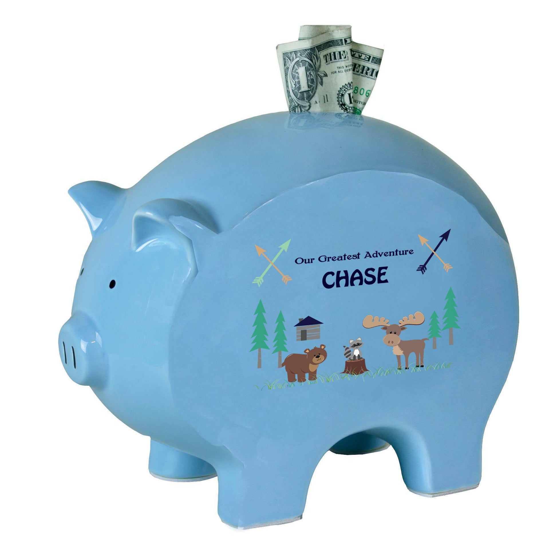 Personalized Blue Piggy Bank - North Woodland - MyBambino.com