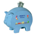 Personalized Blue Piggy Bank with Cars and Trucks design