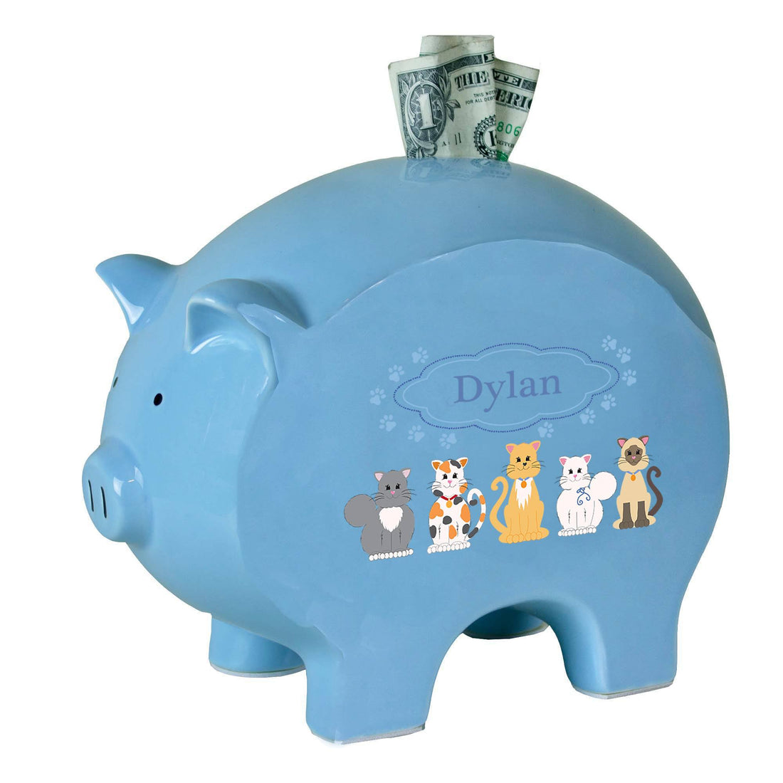Personalized Blue Piggy Bank with Blue Cats design