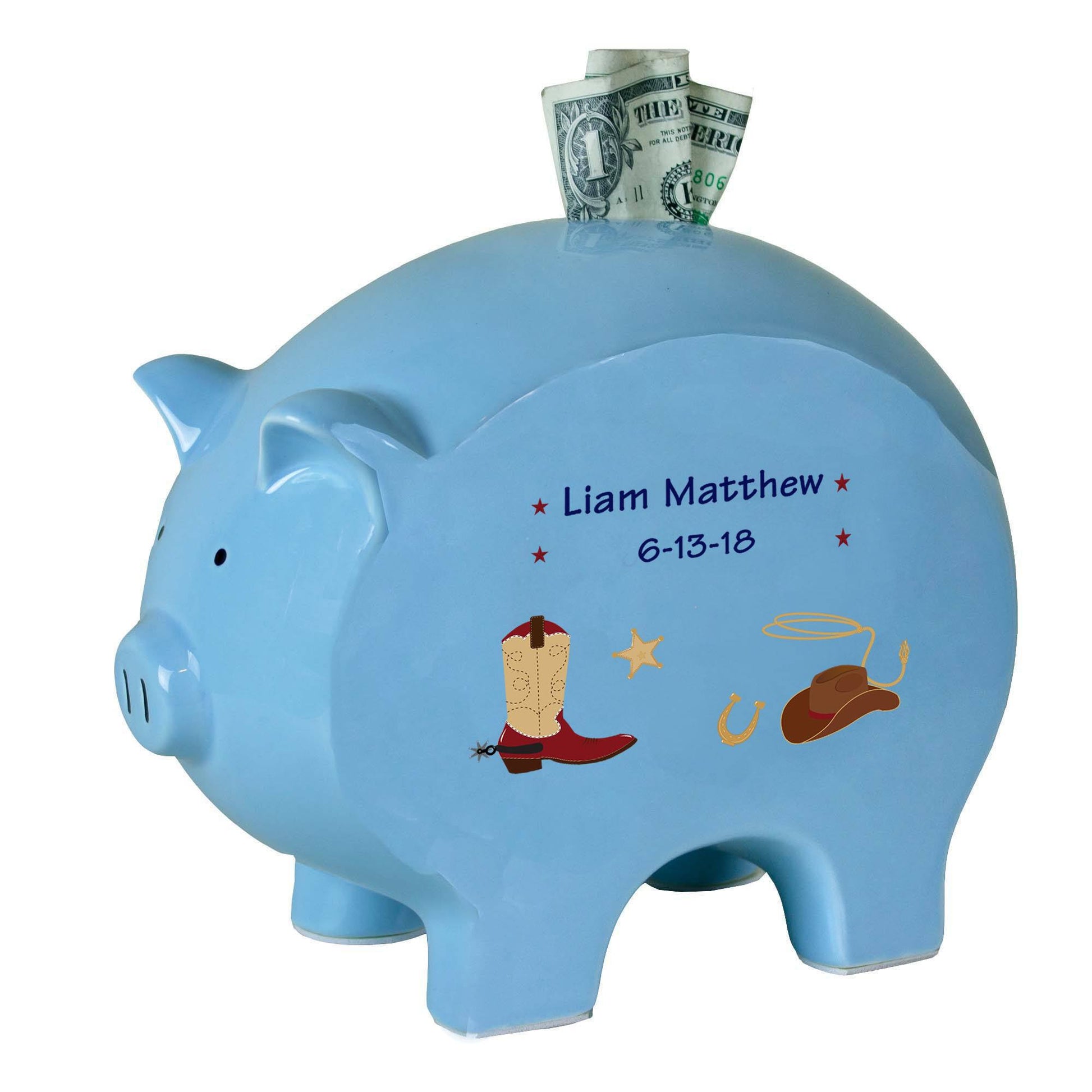 Personalized Blue Piggy Bank - Wild West - MyBambino.com