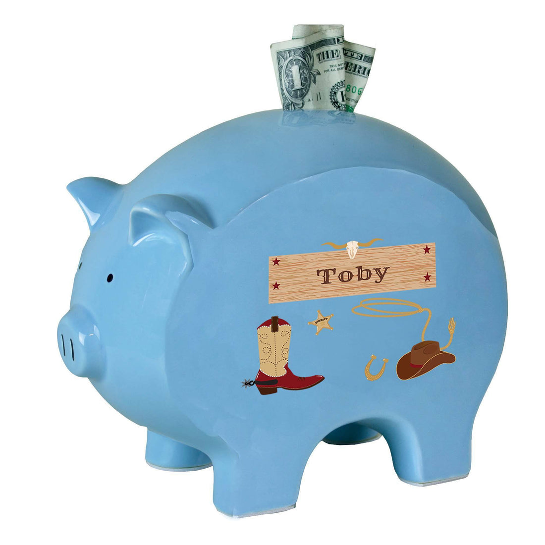 Personalized Blue Piggy Bank - Wild West - MyBambino.com