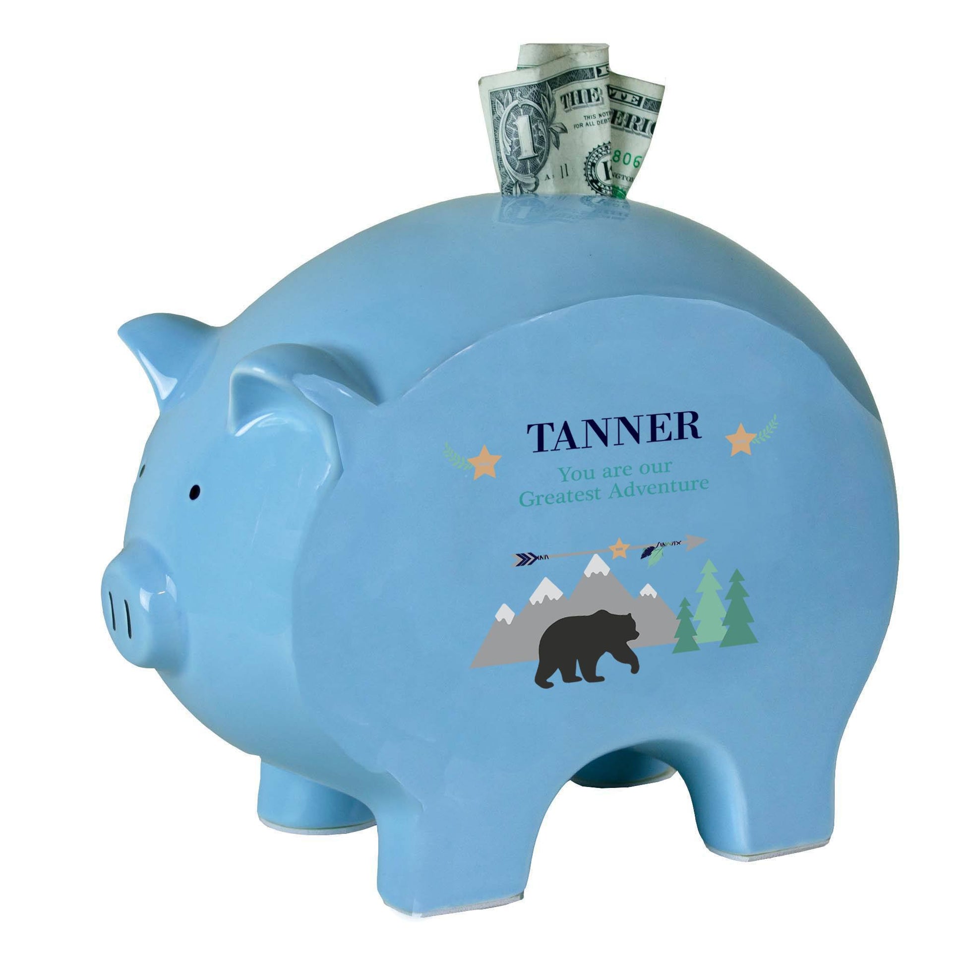 Personalized Blue Piggy Bank - Mountain Bear - MyBambino.com