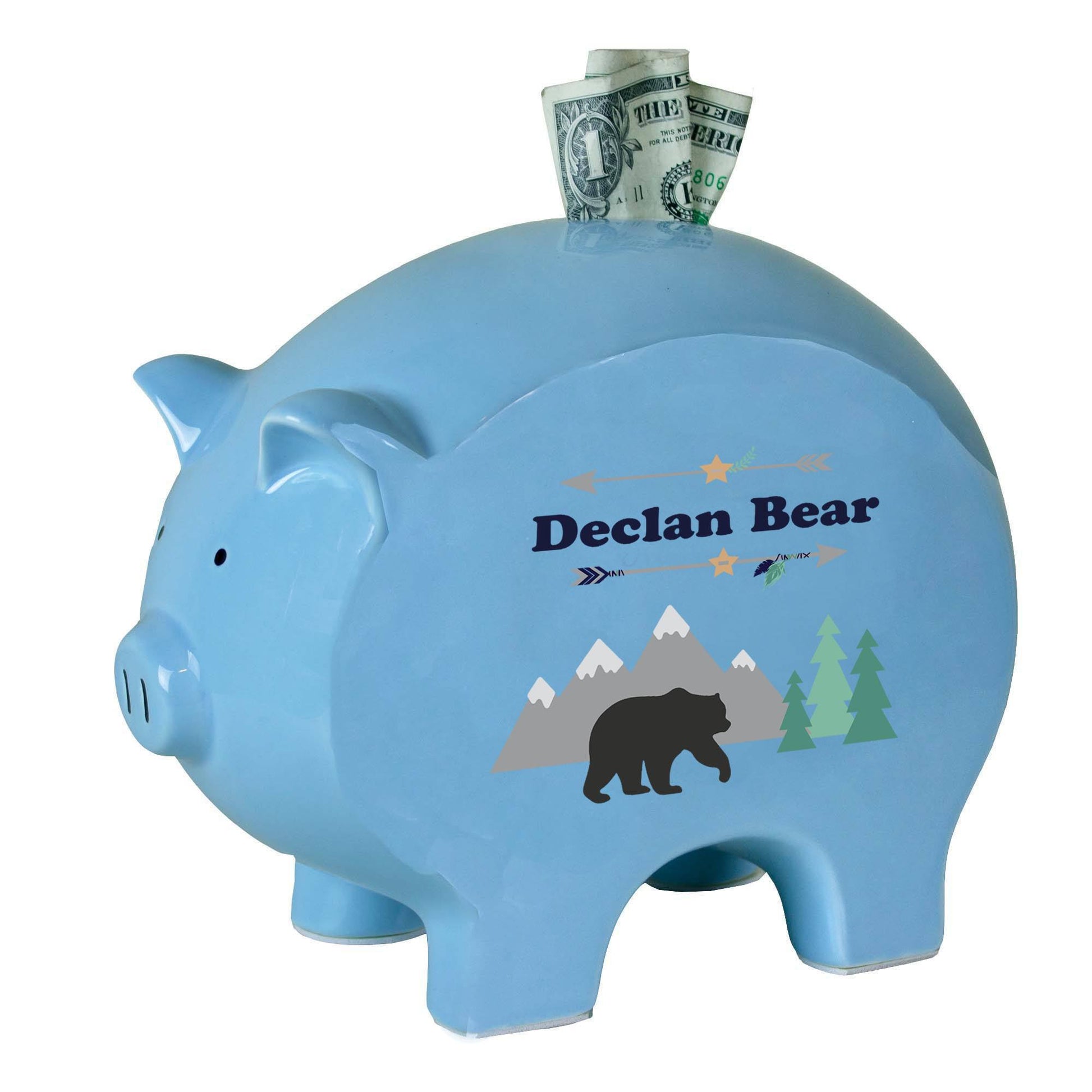 Personalized Blue Piggy Bank - Mountain Bear - MyBambino.com