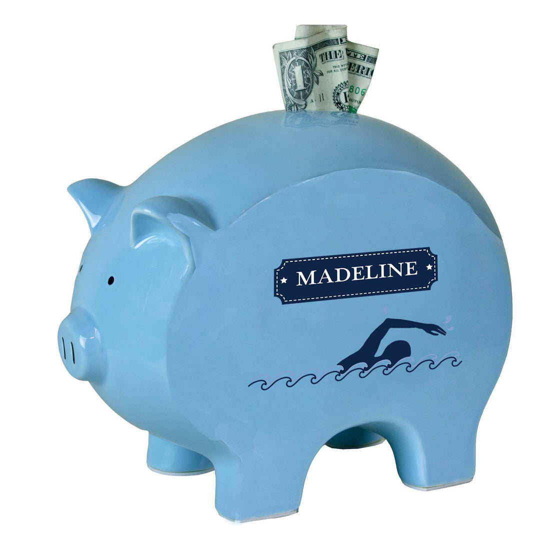 Personalized Blue Piggy Bank with Swim design