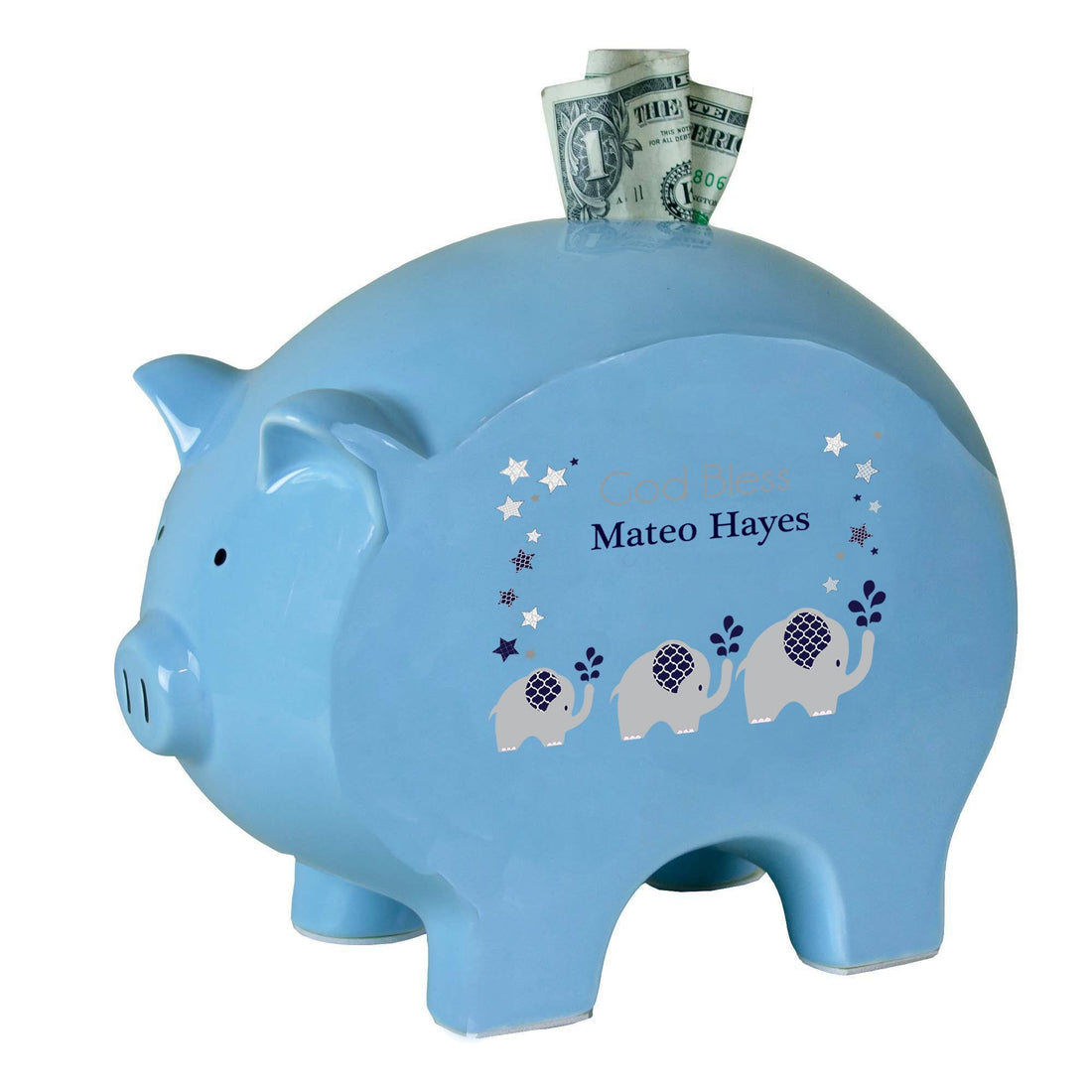 Personalized Blue Piggy Bank with Navy Elephant design
