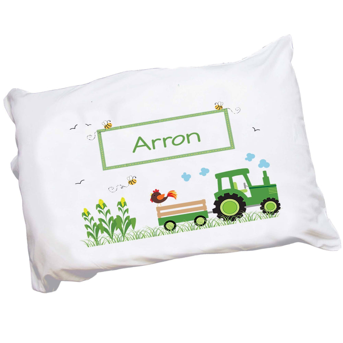 Personalized Childrens Pillowcase with Green Tractor design