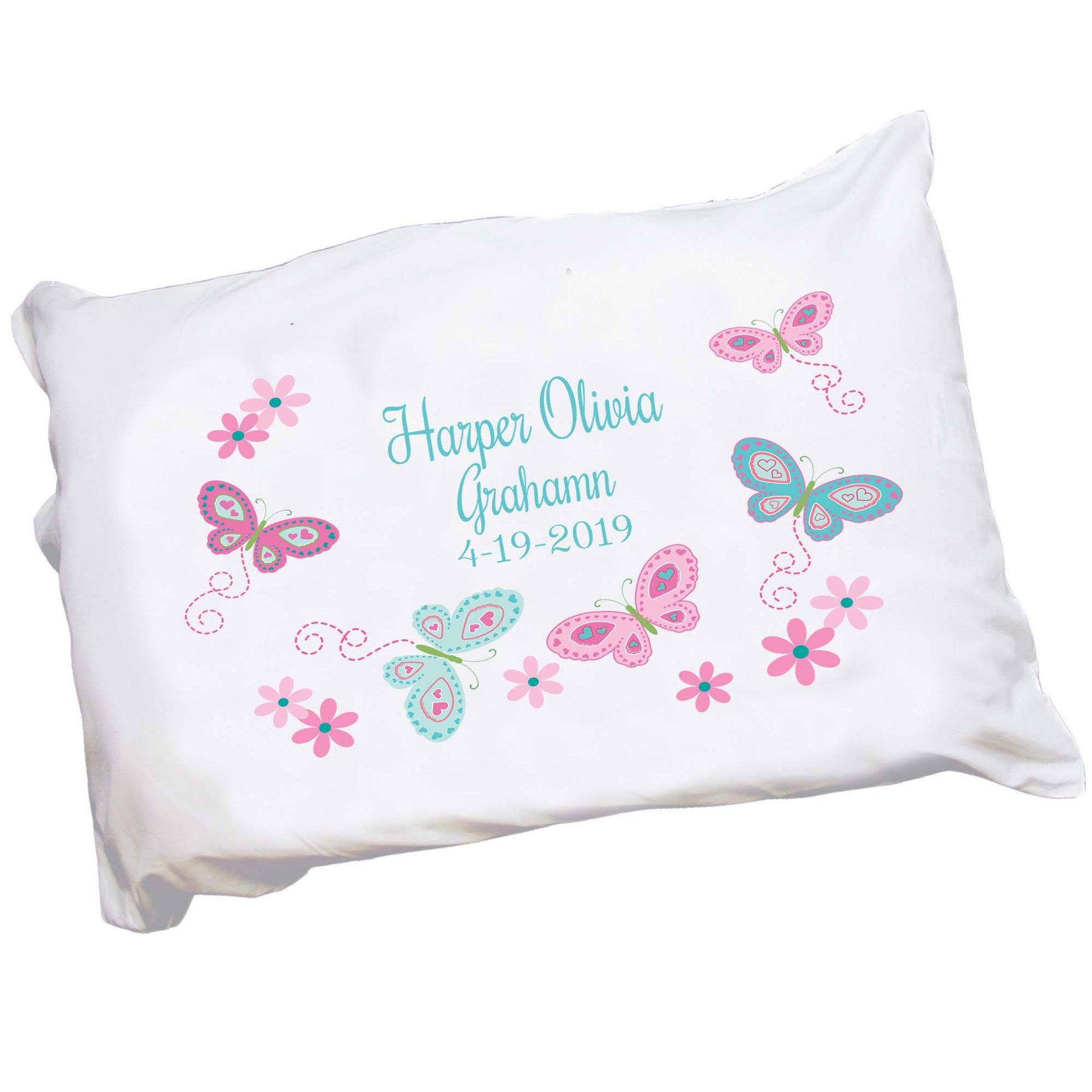 Girl's Aqua and Pink Butterflies Pillowcase - MyBambino.com