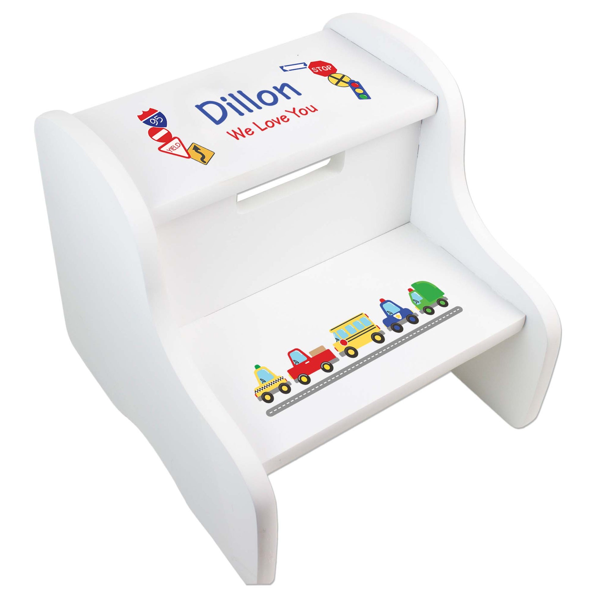 Boy's White Cars And Trucks Two Step Stool - MyBambino.com