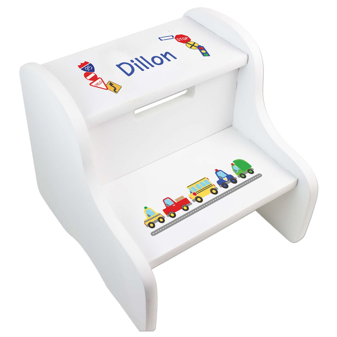 Boy's White Cars And Trucks Two Step Stool - MyBambino.com