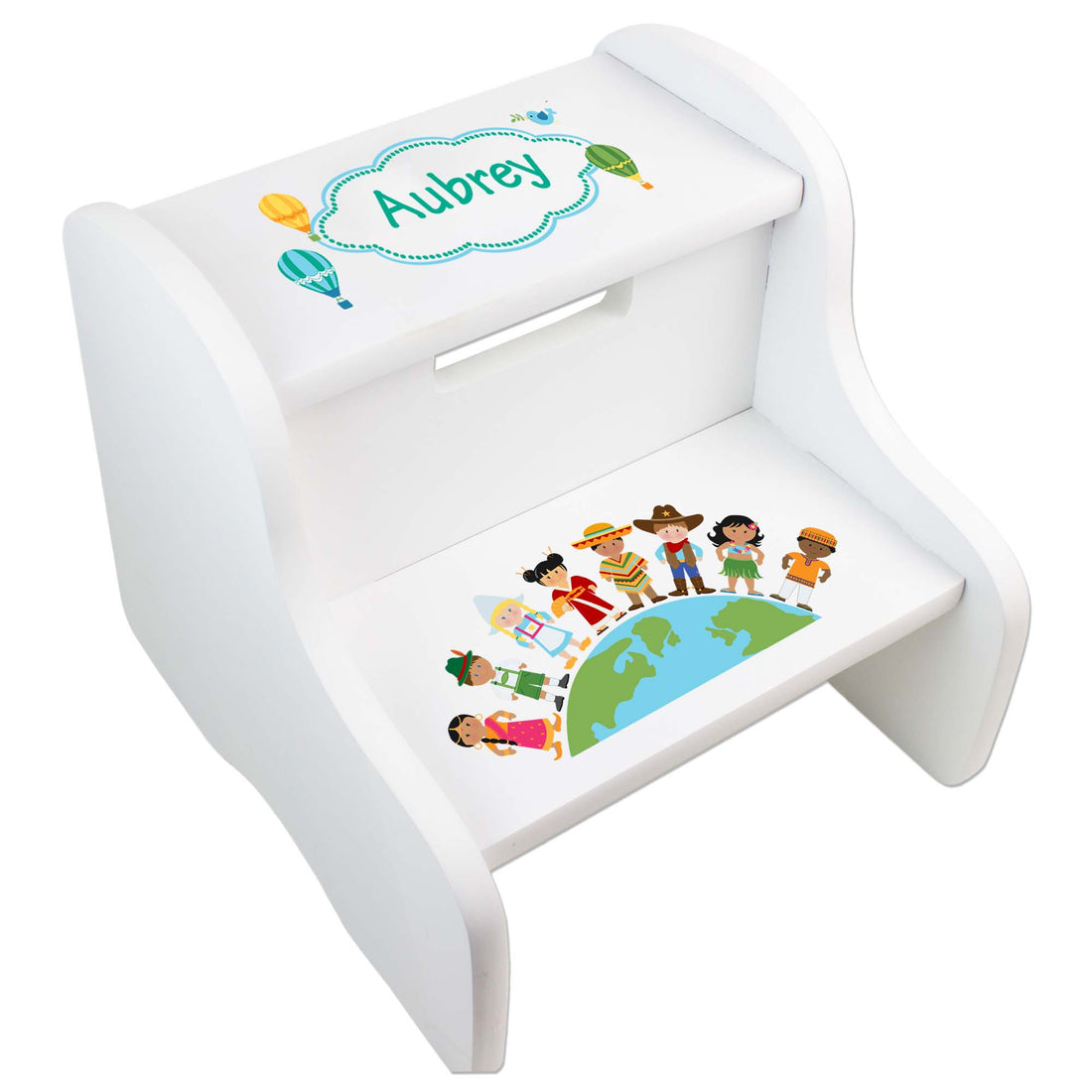 Child's White Personalized Small World White Two Step Stool - MyBambino.com