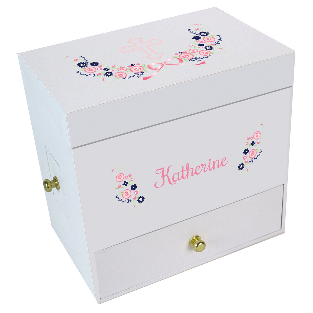 Navy Pink Floral Cross Deluxe Ballerina Jewelry Box - MyBambino.com