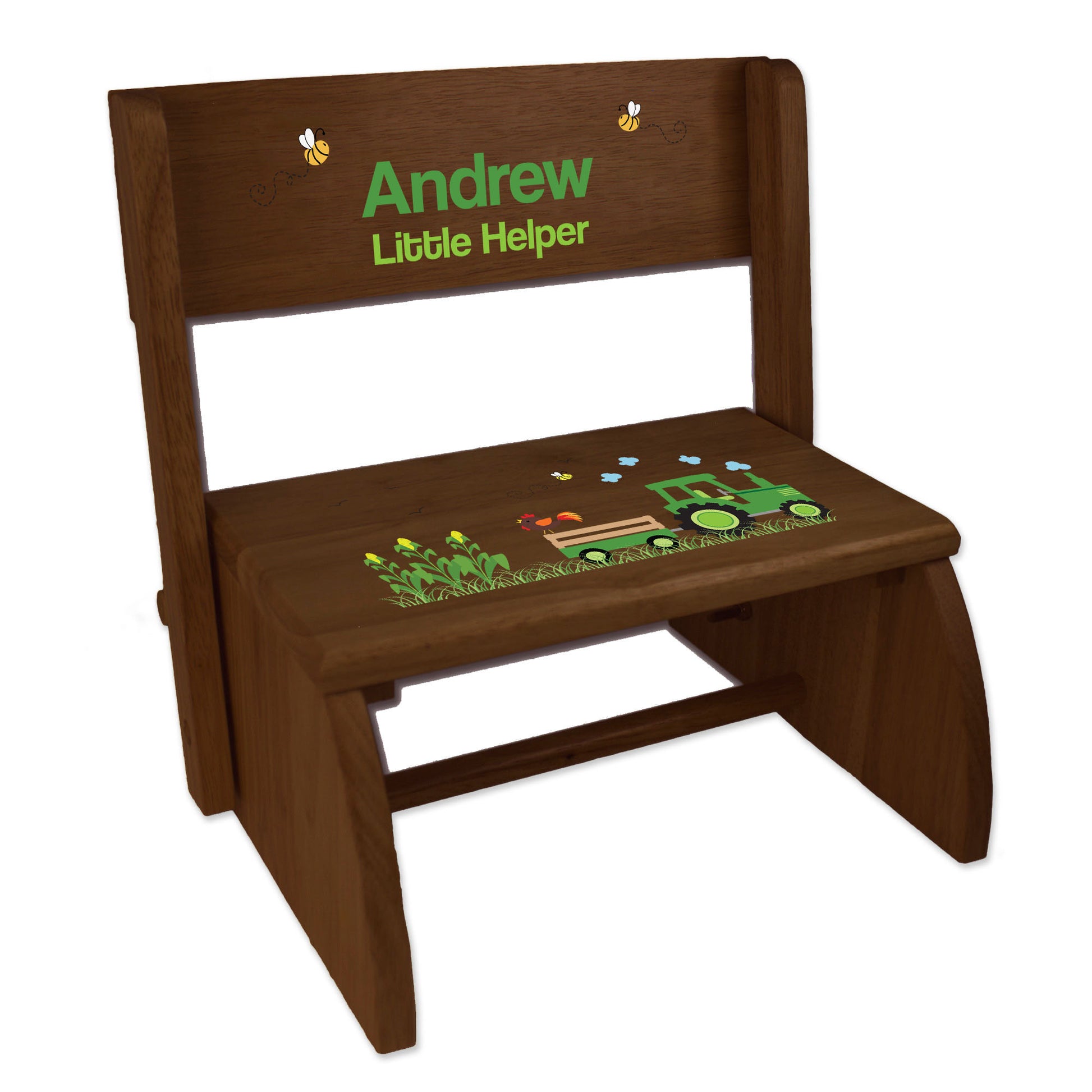 Personalized Green Tractor Child's Espresso Flip Stool - MyBambino.com