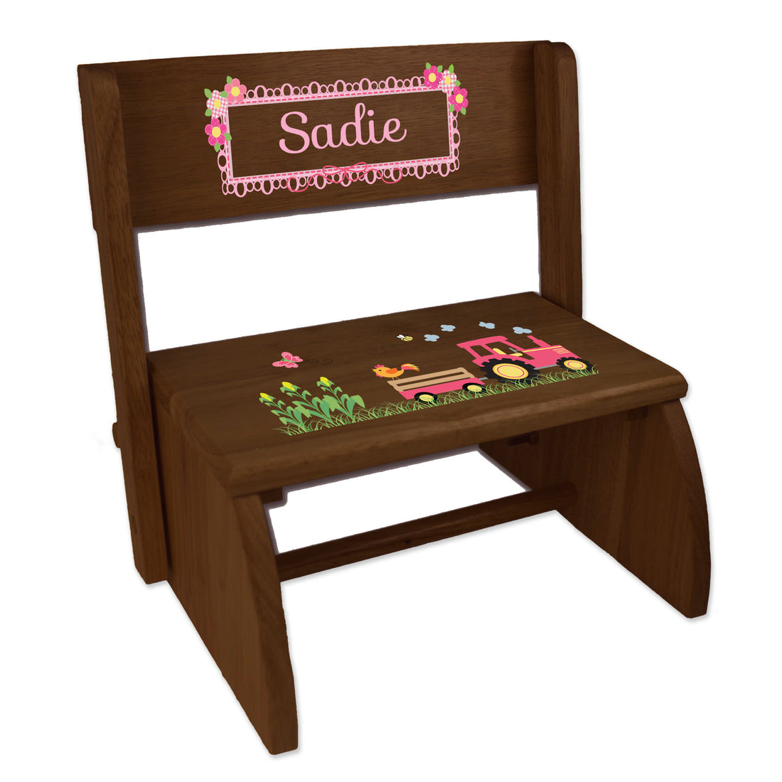 Personalized Espresso Flip Stool Pink Tractor Design