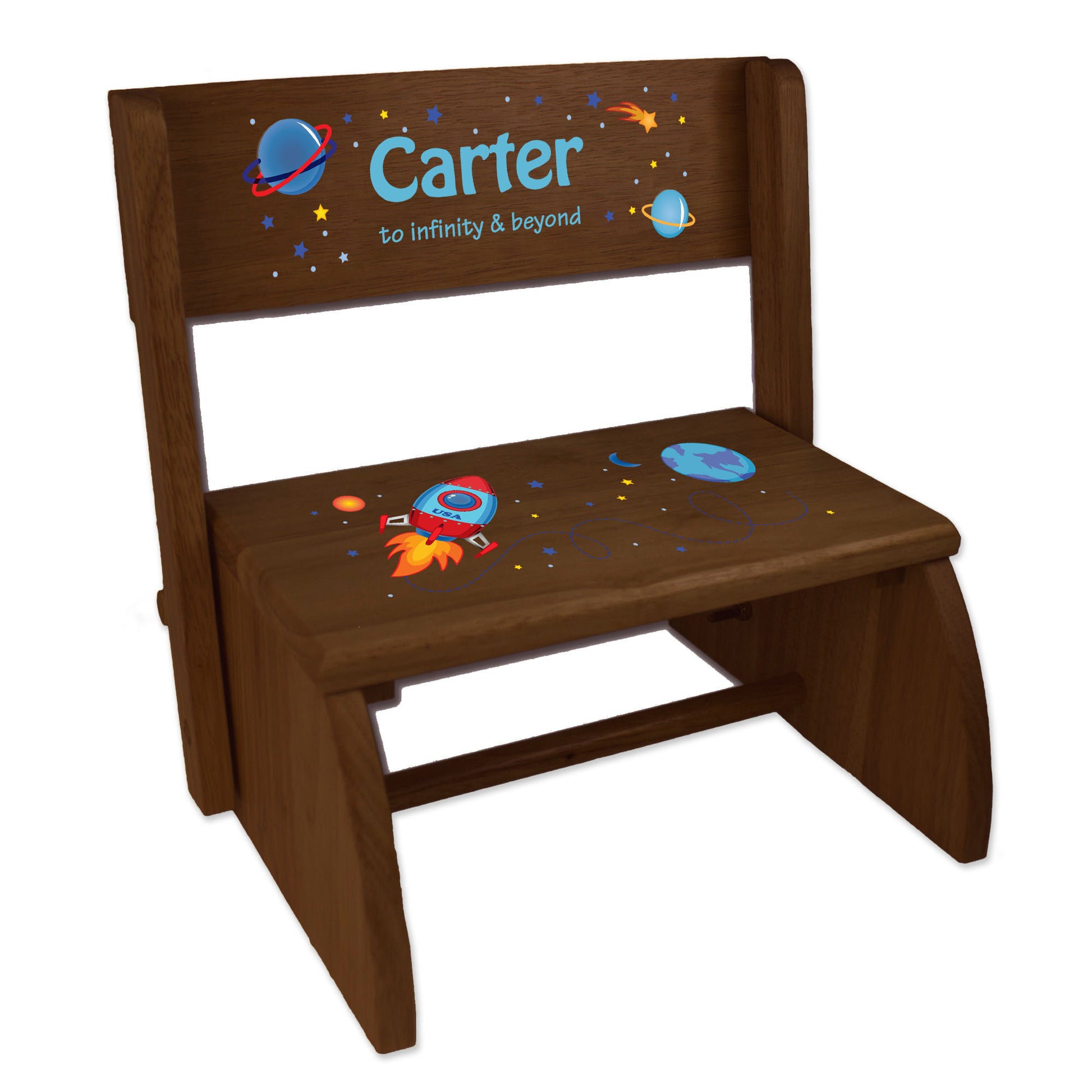 Personalized Rocket Child's Espresso Flip Stool - MyBambino.com