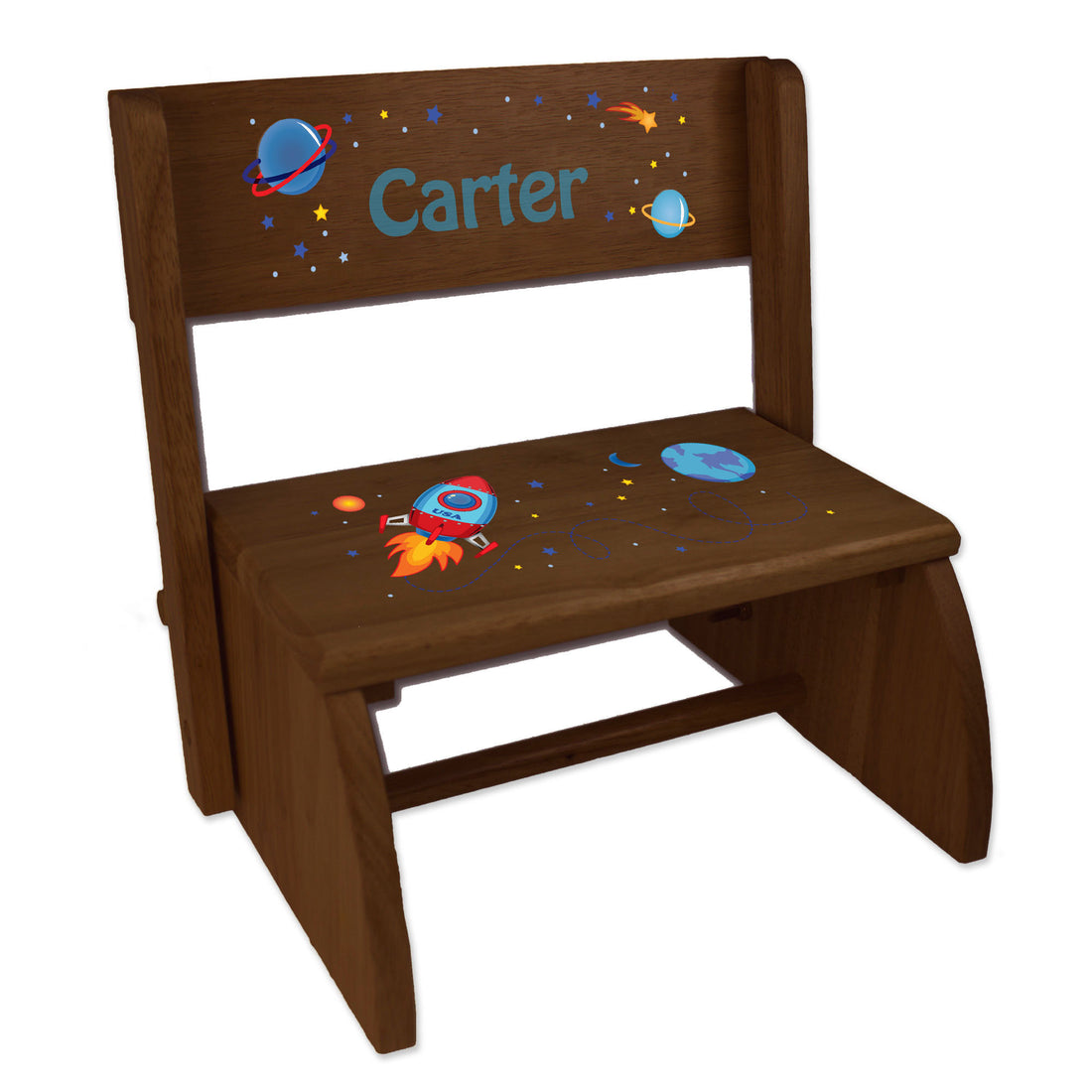 Personalized Rocket Child's Espresso Flip Stool - MyBambino.com