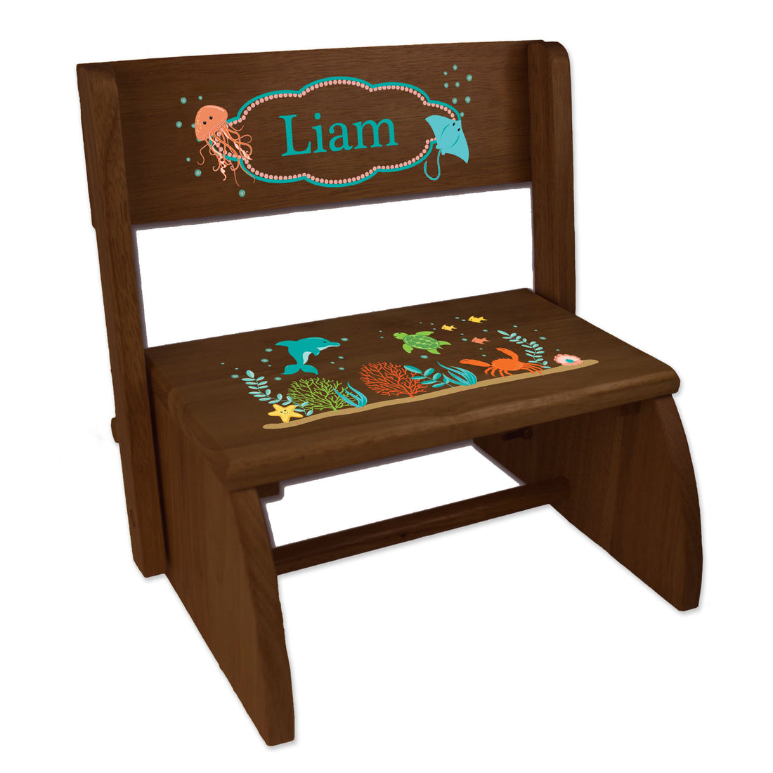 Personalized Sea Life Child's Espresso Flip Stool - MyBambino.com