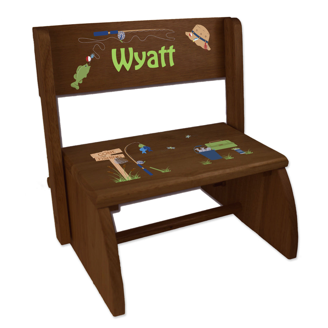 Personalized Gone Fishing Child's Espresso Flip Stool - MyBambino.com