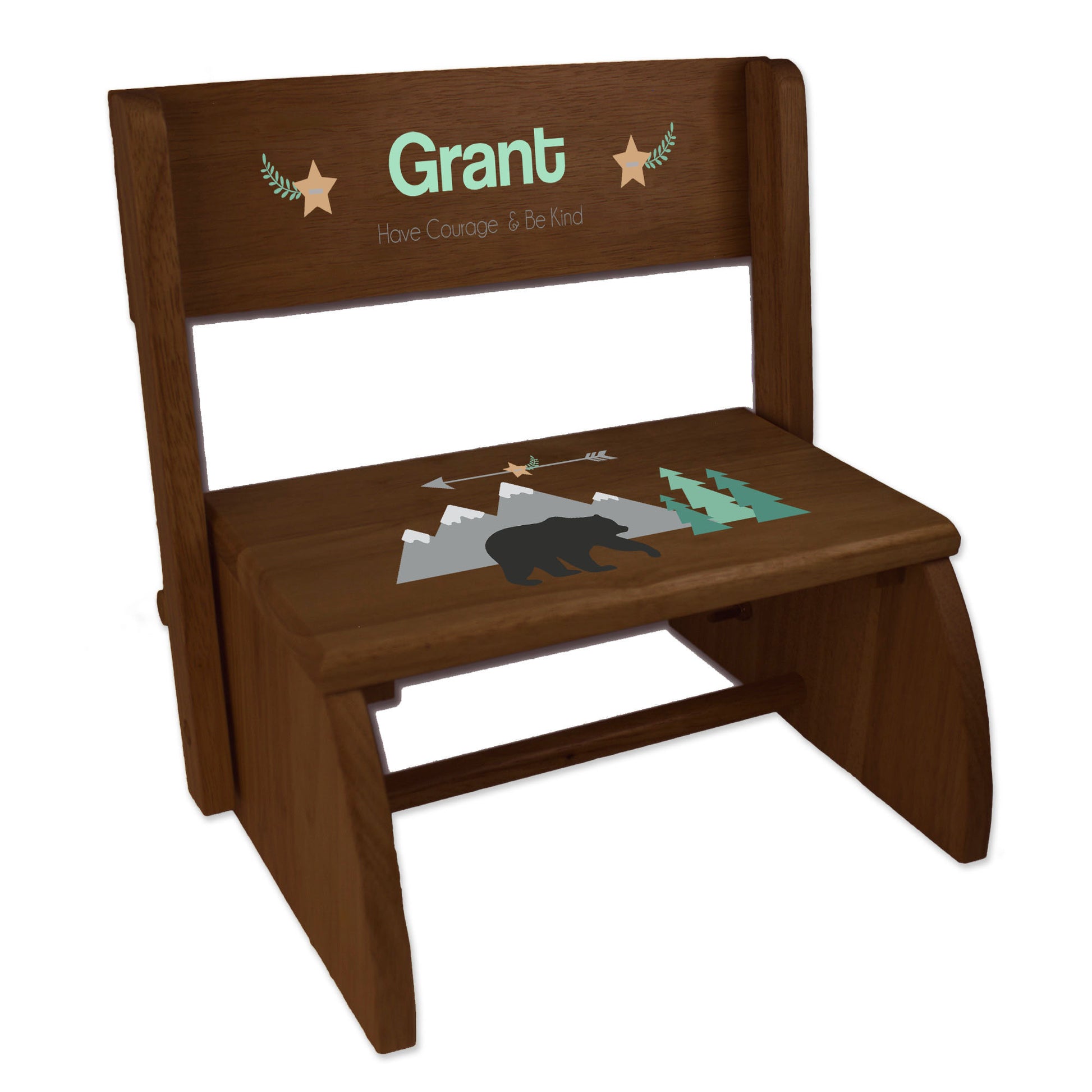 Personalized Mountain Bear Child's Espresso Flip Stool - MyBambino.com