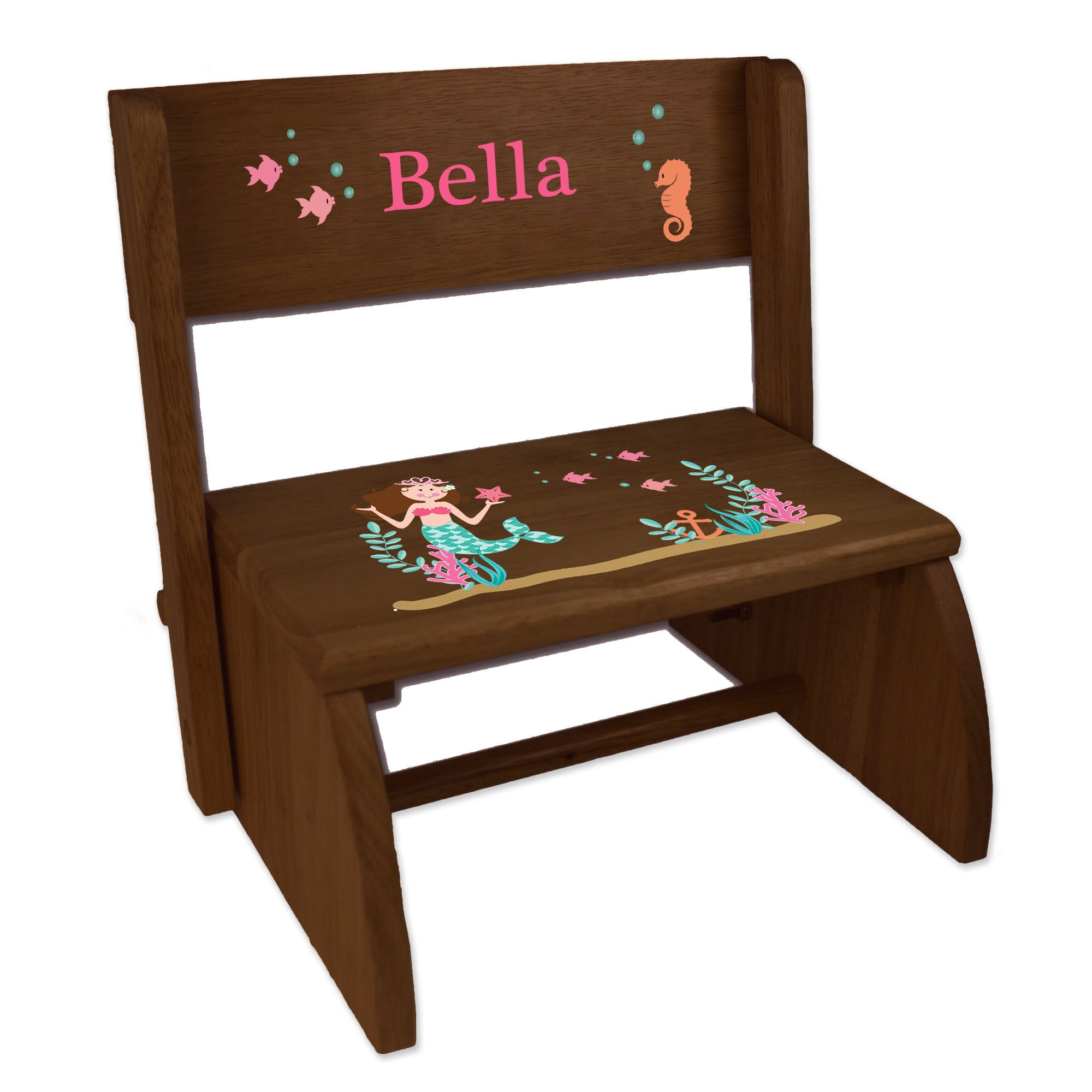 Personalized Brunette Mermaid Child's Espresso Flip Stool