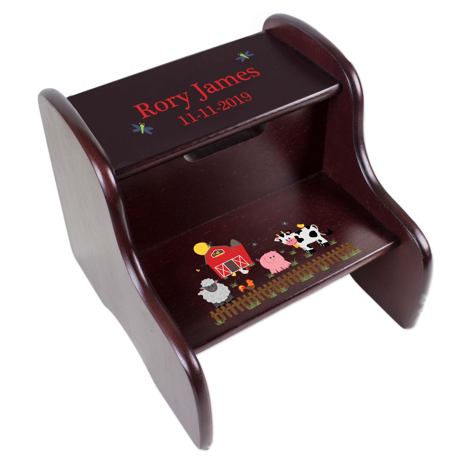 Personalized Barnyard Espresso Two Step Stool - MyBambino.com