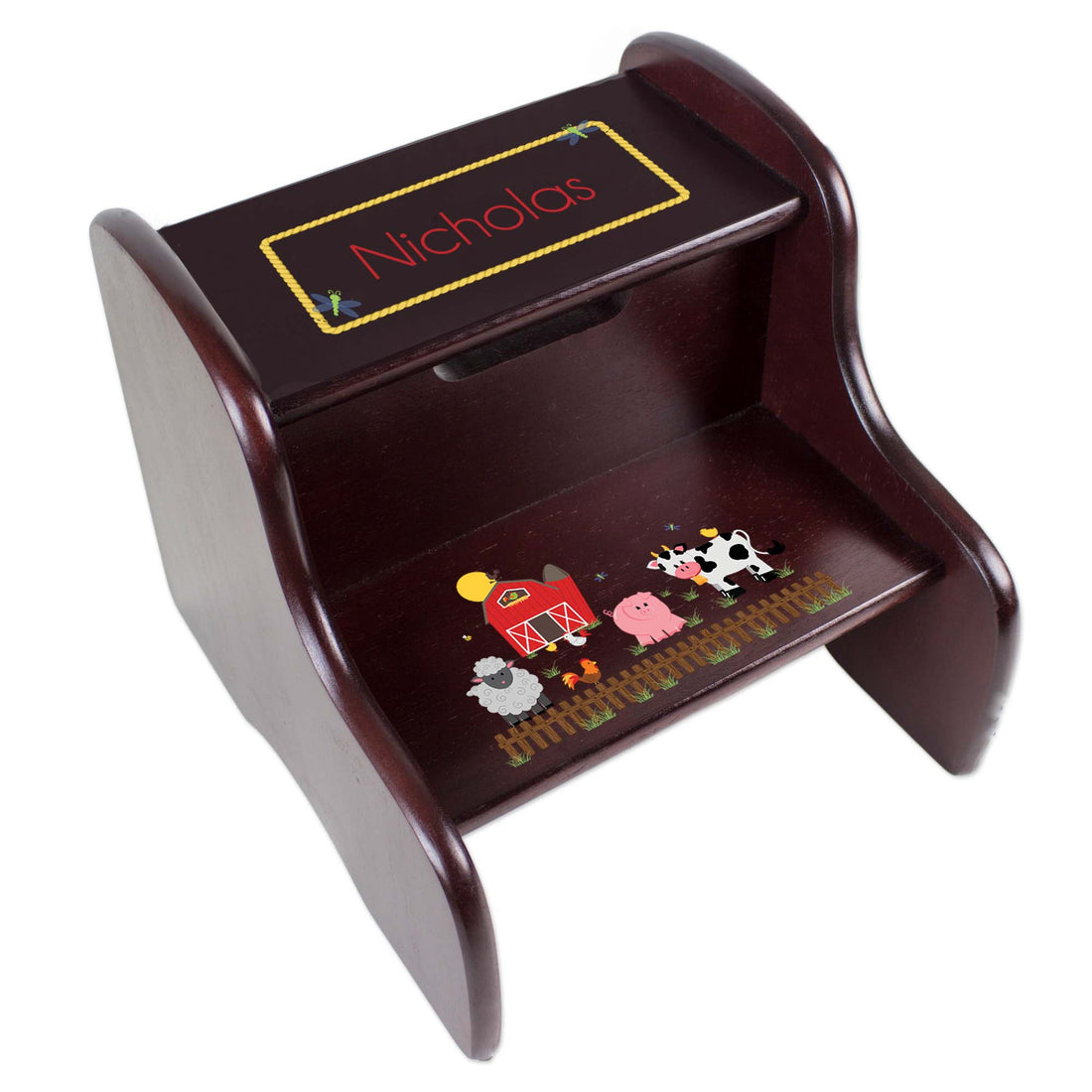 Personalized Barnyard Espresso Two Step Stool - MyBambino.com