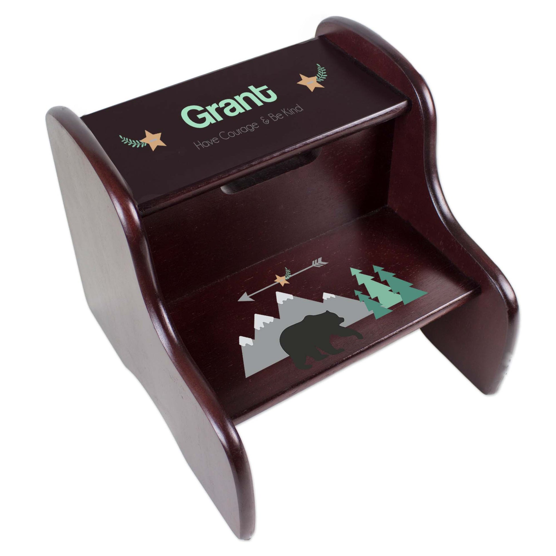 Personalized Mountain Bear Espresso Two Step Stool - MyBambino.com