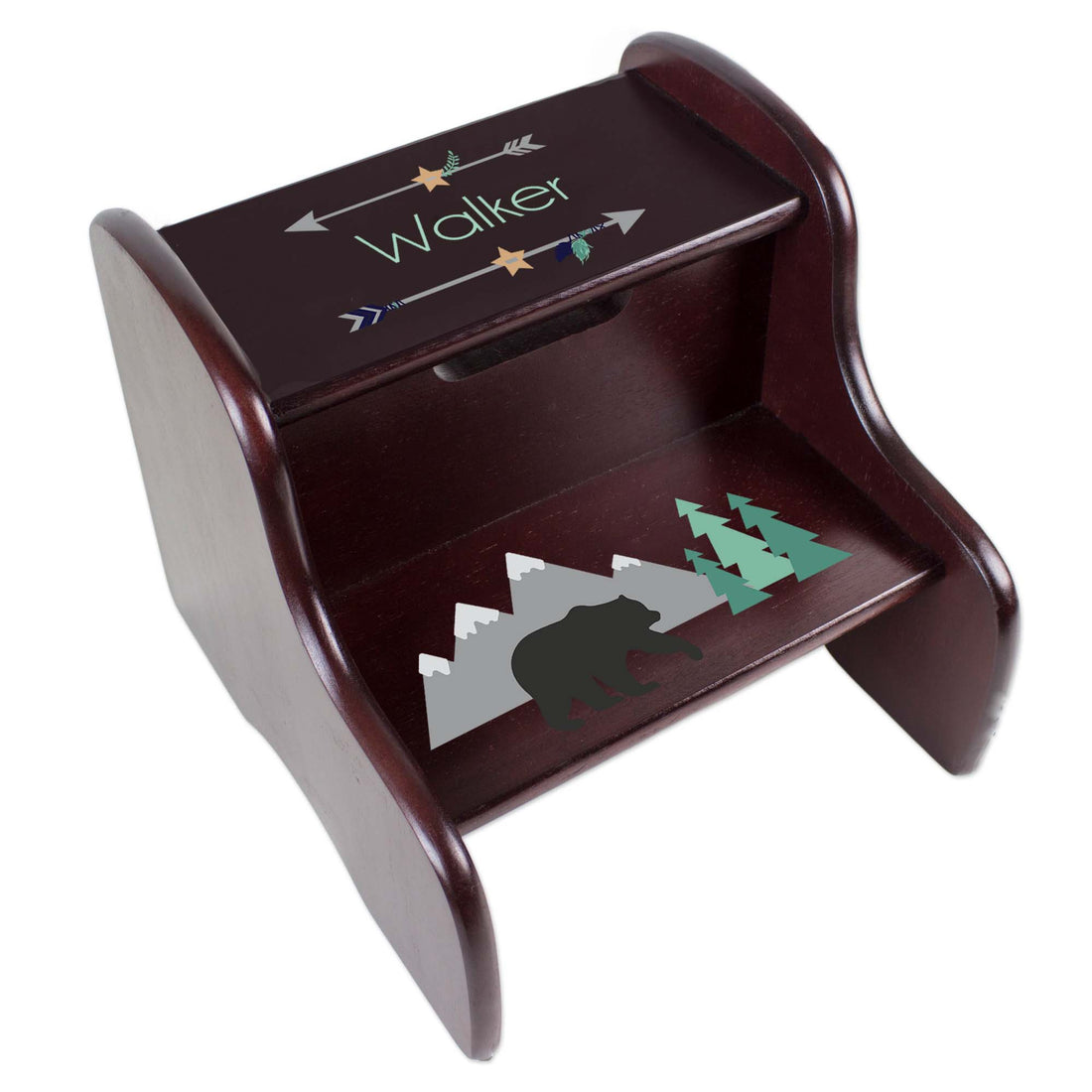 Personalized Mountain Bear Espresso Two Step Stool - MyBambino.com