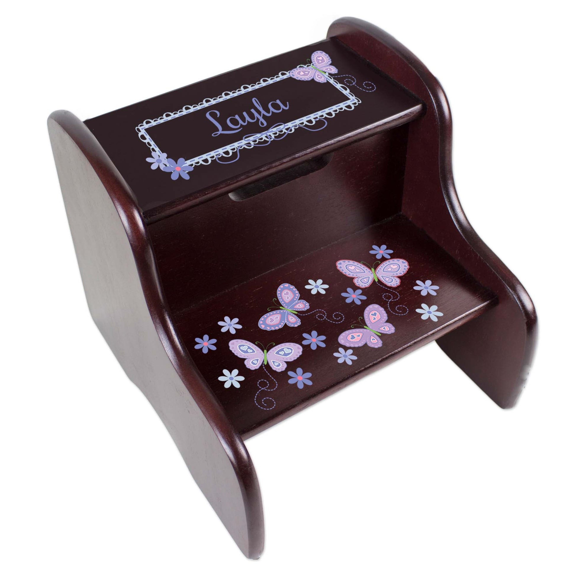 Personalized Lavender Butterflies Espresso Two Step Stool - MyBambino.com