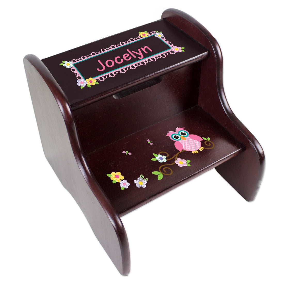 Personalized Calico Owl Espresso Two Step Stool - MyBambino.com