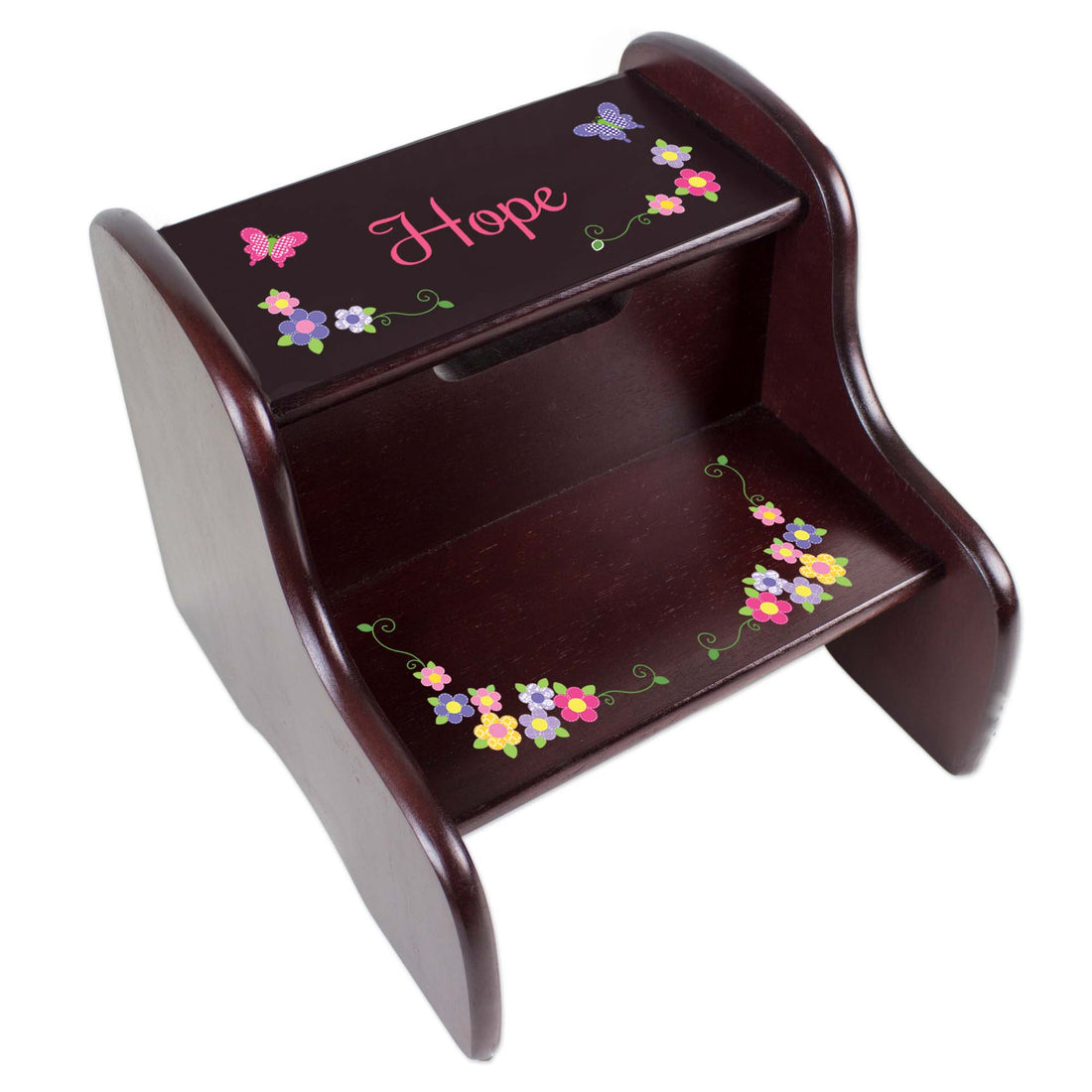 Personalized Bright Butterfly Garland Espresso Two Step Stool - MyBambino.com