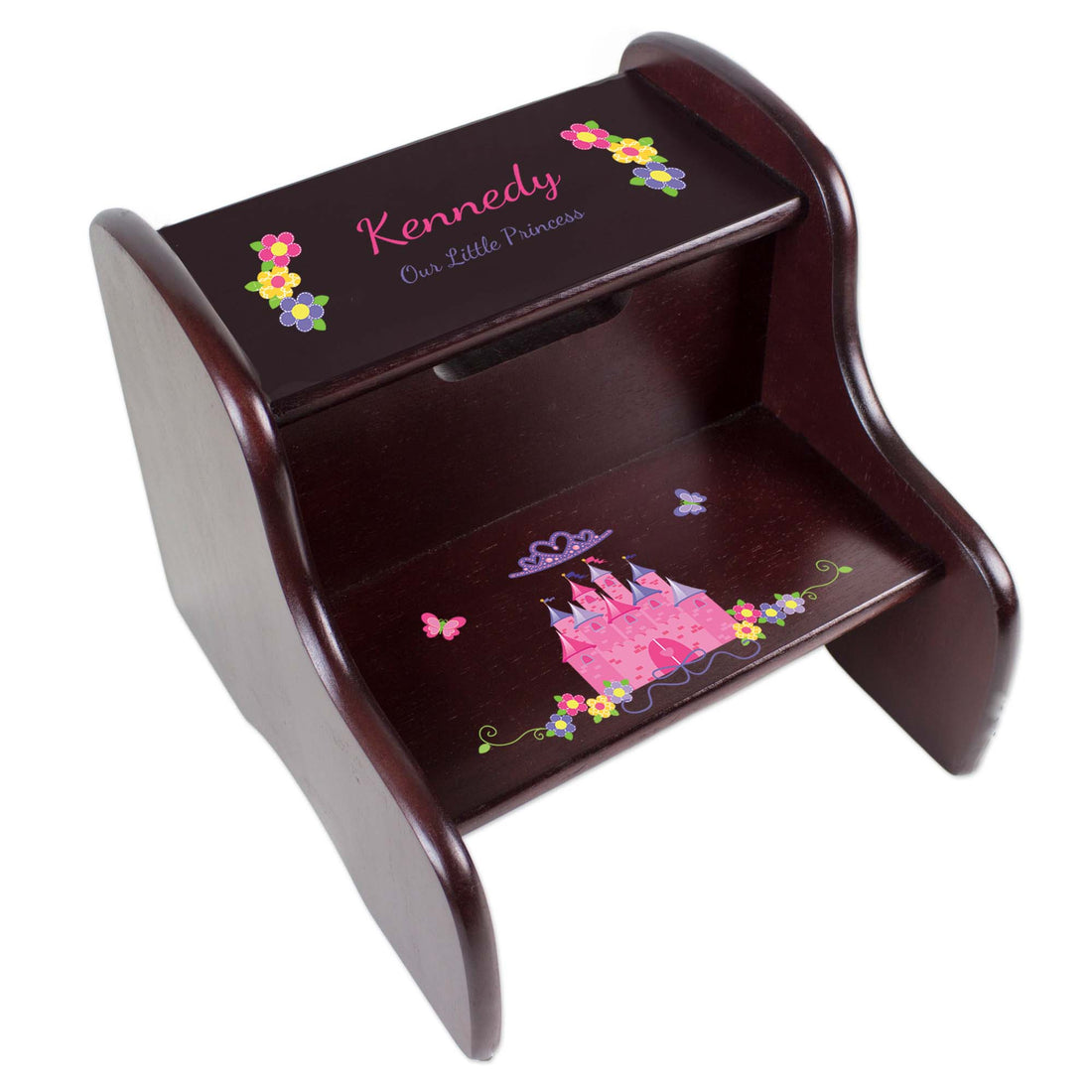 Personalized Pink Princess Castel Espresso Two Step Stool - MyBambino.com