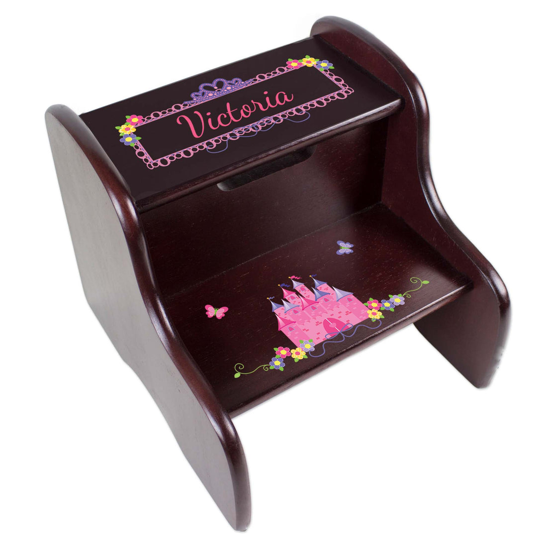 Personalized Pink Princess Castel Espresso Two Step Stool - MyBambino.com
