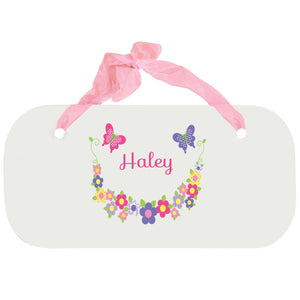 Personalized Girls Wall Plaque with Bright Butterflies Garland design