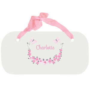 Personalized Girls Wall Plaque with Pink and Gray Butterflies design