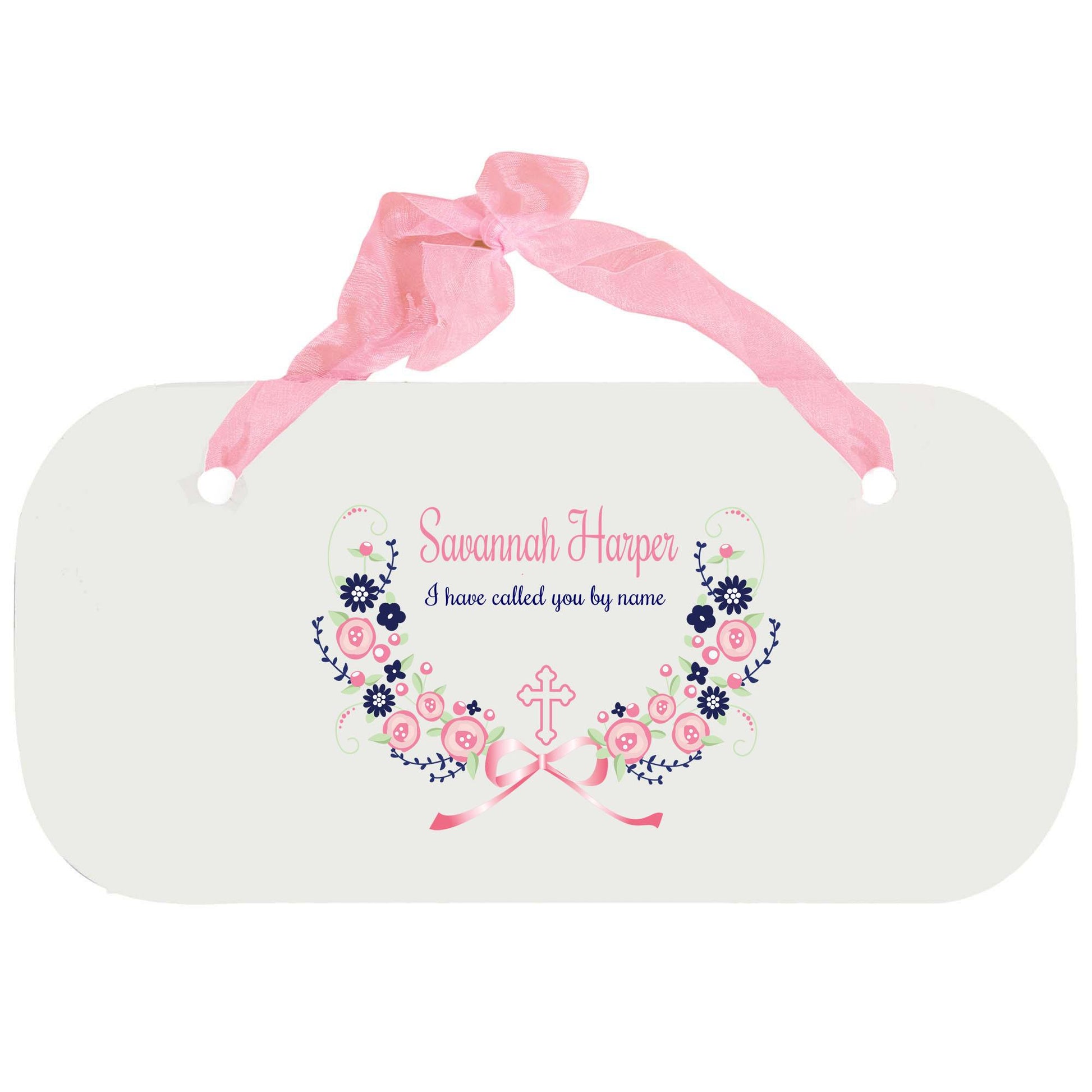 Personalized Girls Wall Plaque - Hc Navy Pink Floral Garland - MyBambino.com
