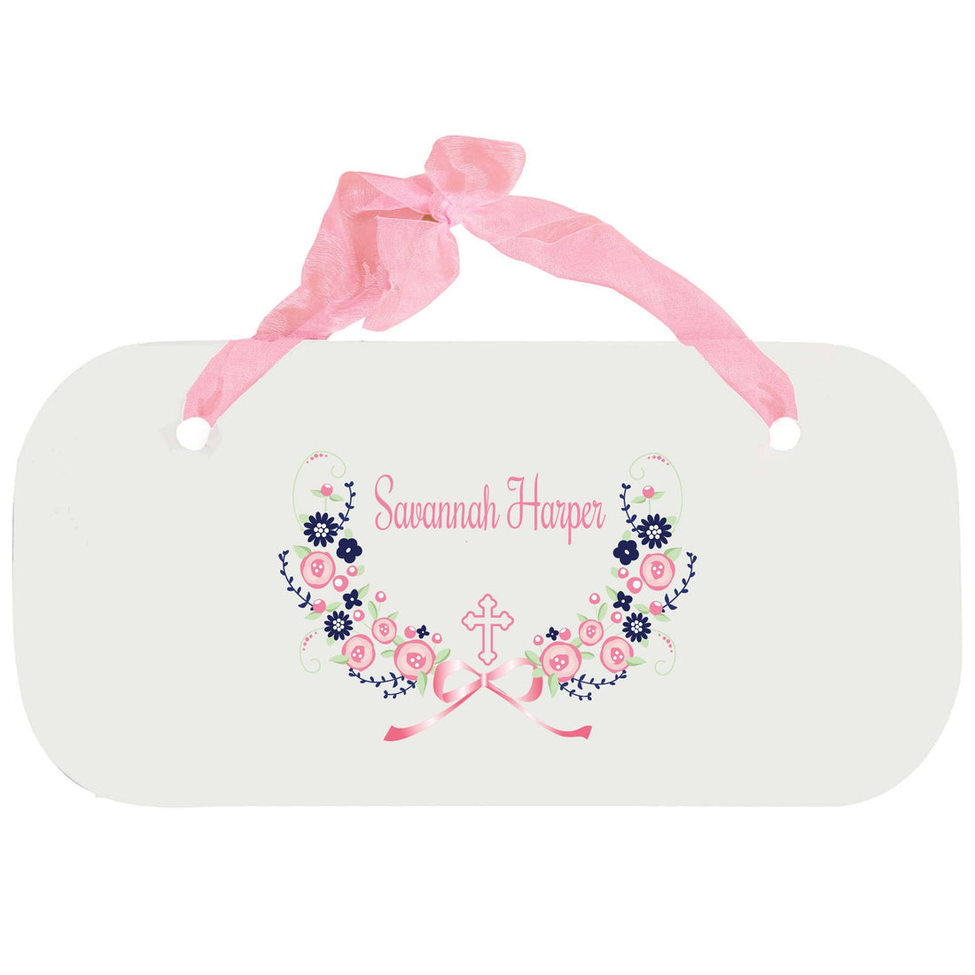 Personalized Girls Wall Plaque - Hc Navy Pink Floral Garland - MyBambino.com