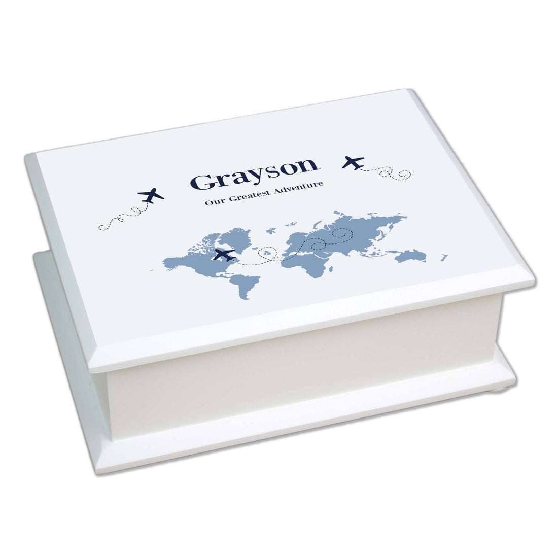 Personalized Lift Top Jewelry Box with World Map Blue design