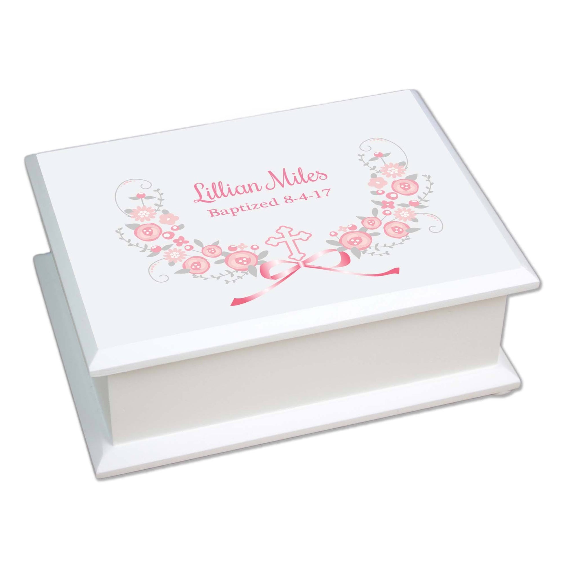 Personalized Lift Top Jewelry Box Christening pink gray cross 