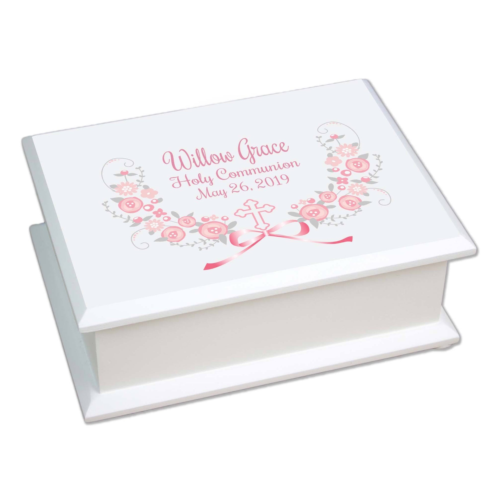 Pink Gray Floral Cross Lift Top Jewelry Box - MyBambino.com