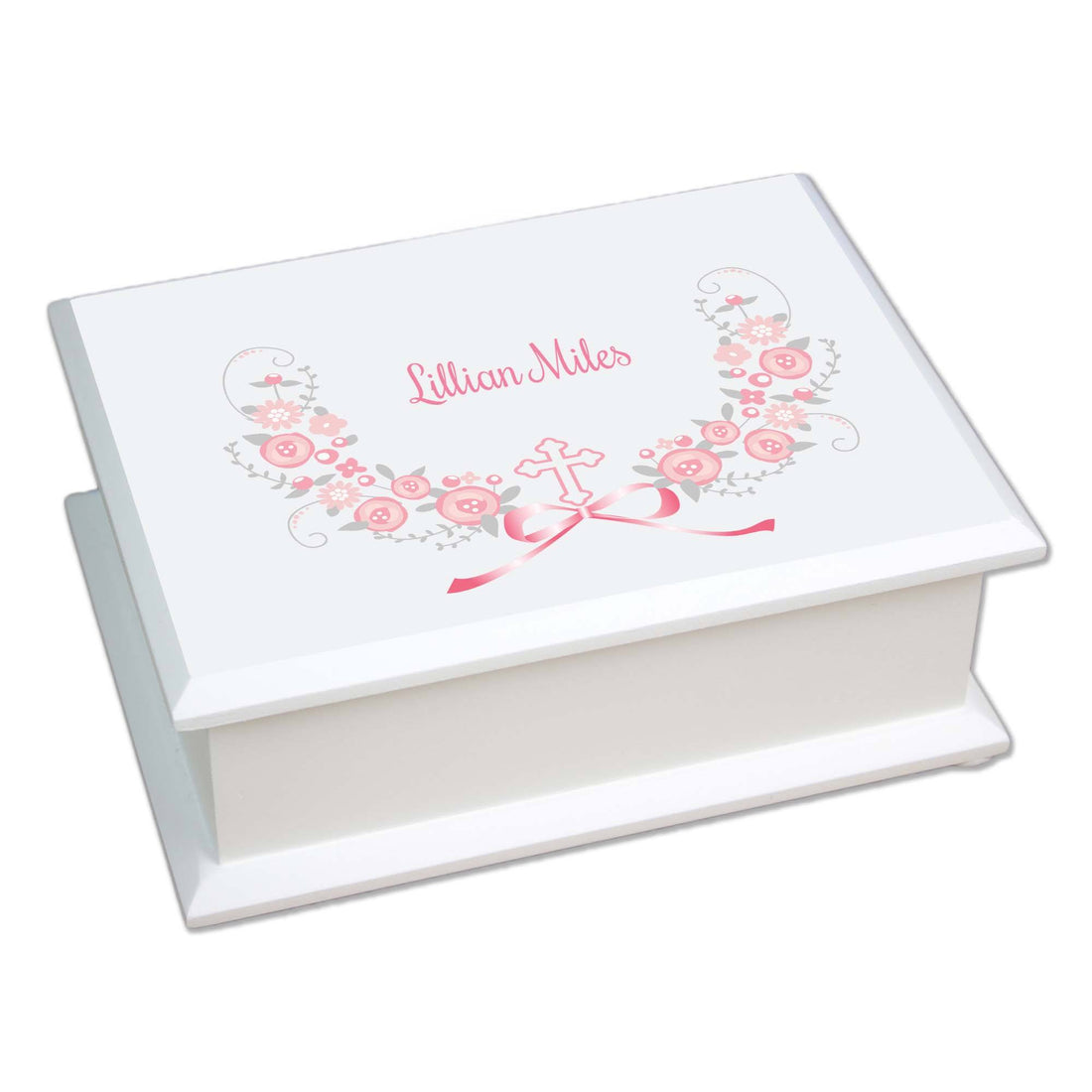 Pink Gray Floral Cross Lift Top Jewelry Box - MyBambino.com