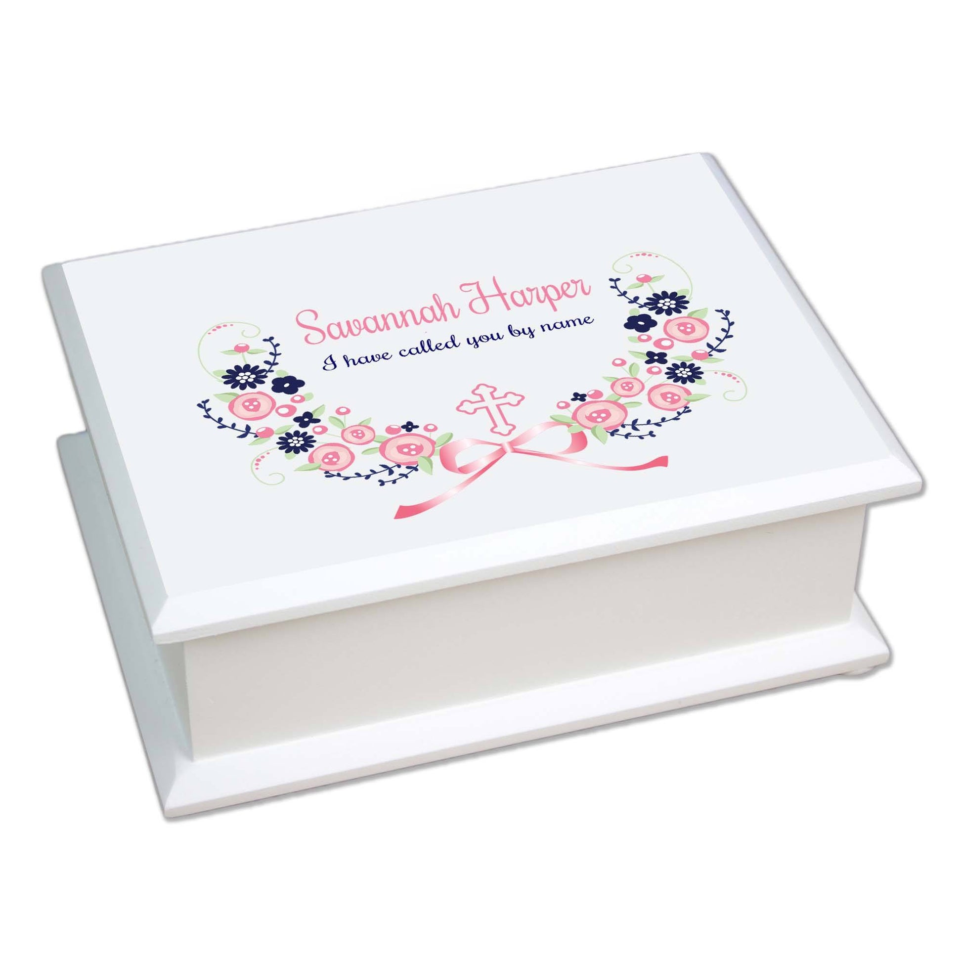 Navy Pink Floral Cross Lift Top Jewelry Box - MyBambino.com
