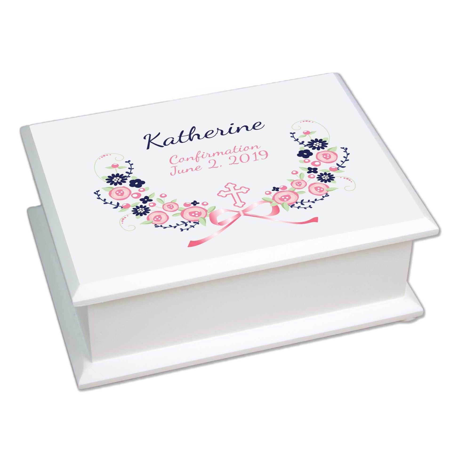 Navy Pink Floral Cross Lift Top Jewelry Box - MyBambino.com