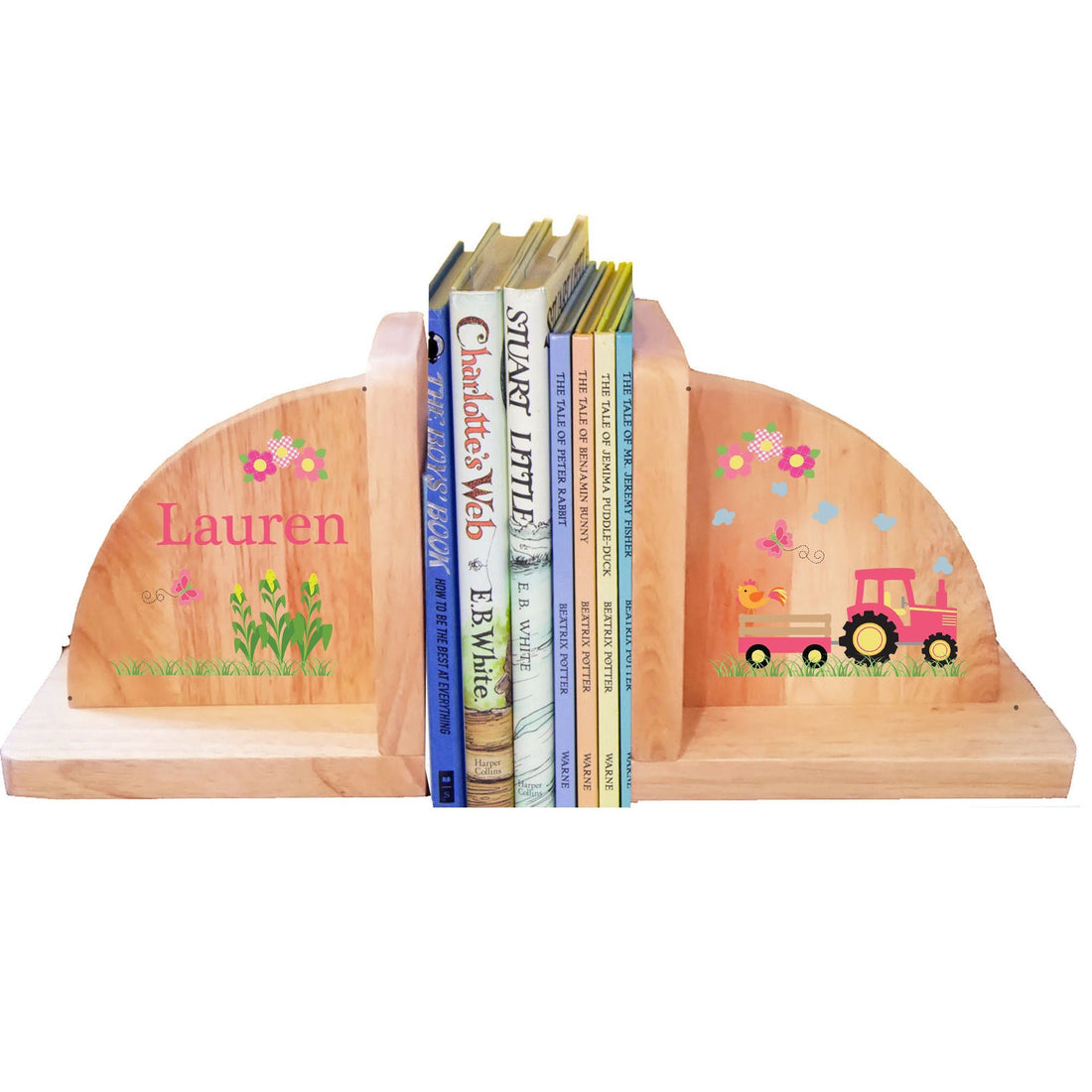 Natural Wood Pink Tractor Bookends - MyBambino.com