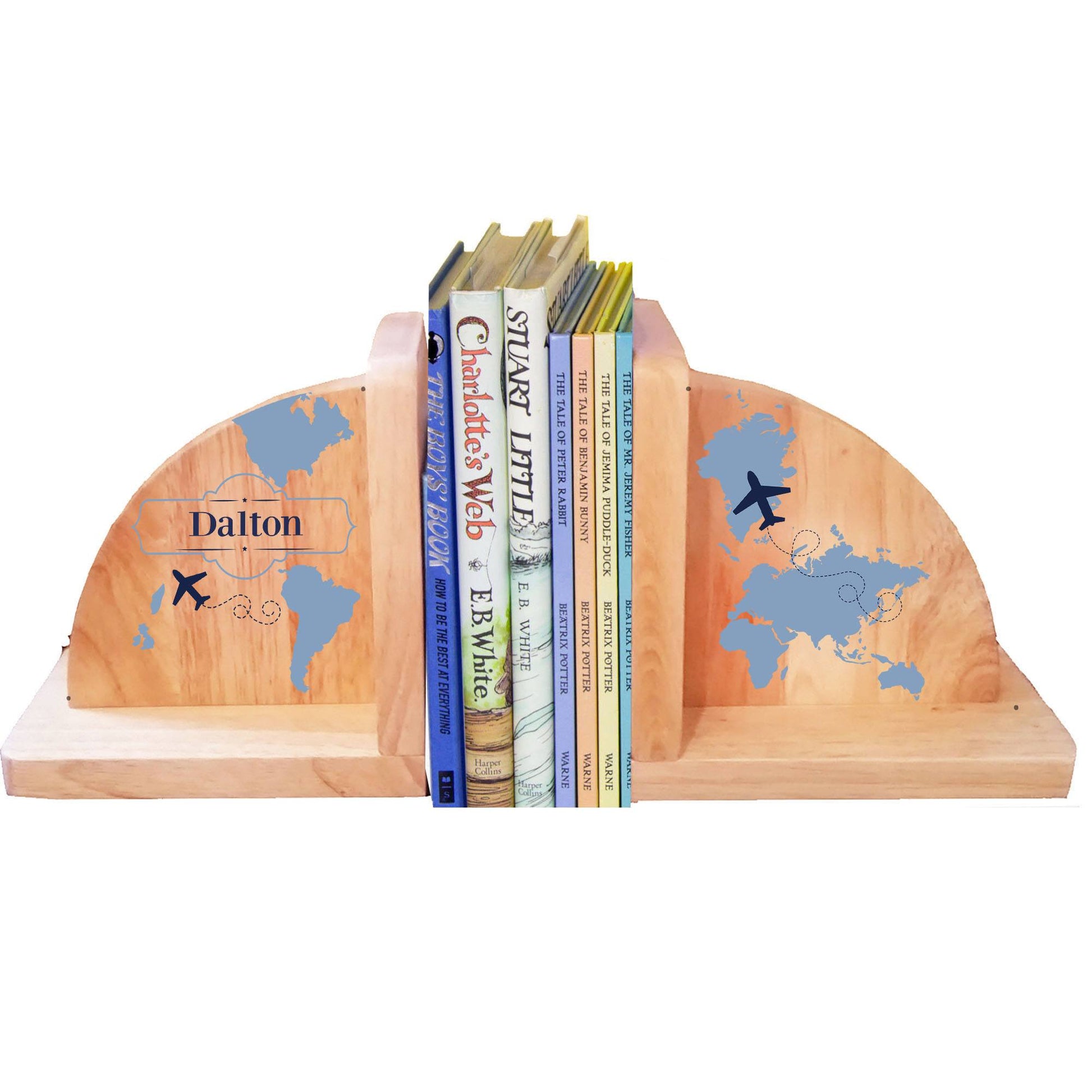 Natural Wood Blue World Map Bookends - MyBambino.com