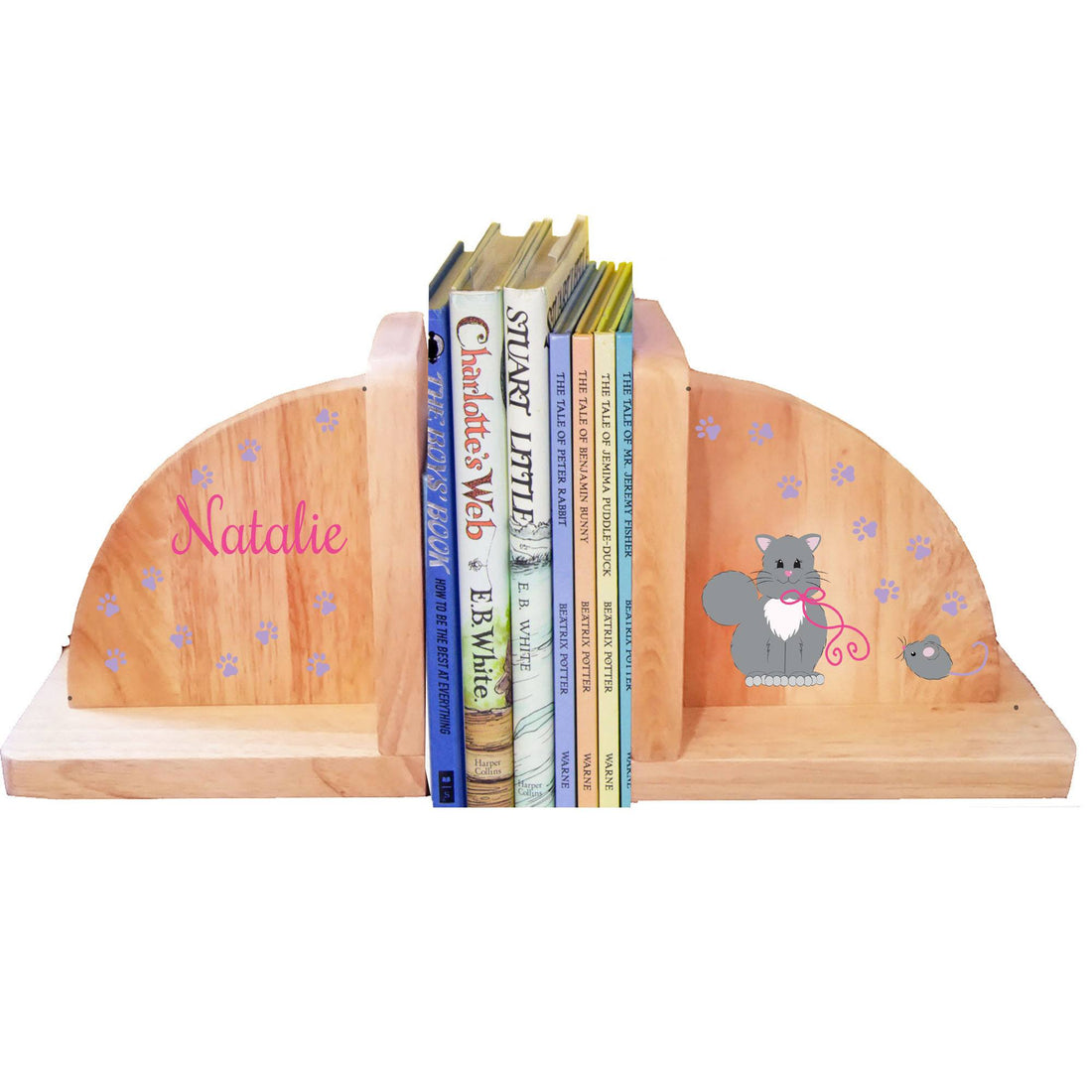 Personalized Kitty Cat Natural Childrens Wooden Bookends