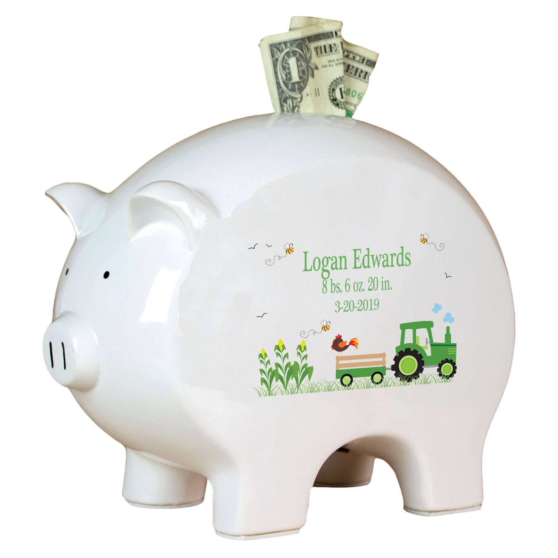 Personalized Piggy Bank - Green Tractor - MyBambino.com